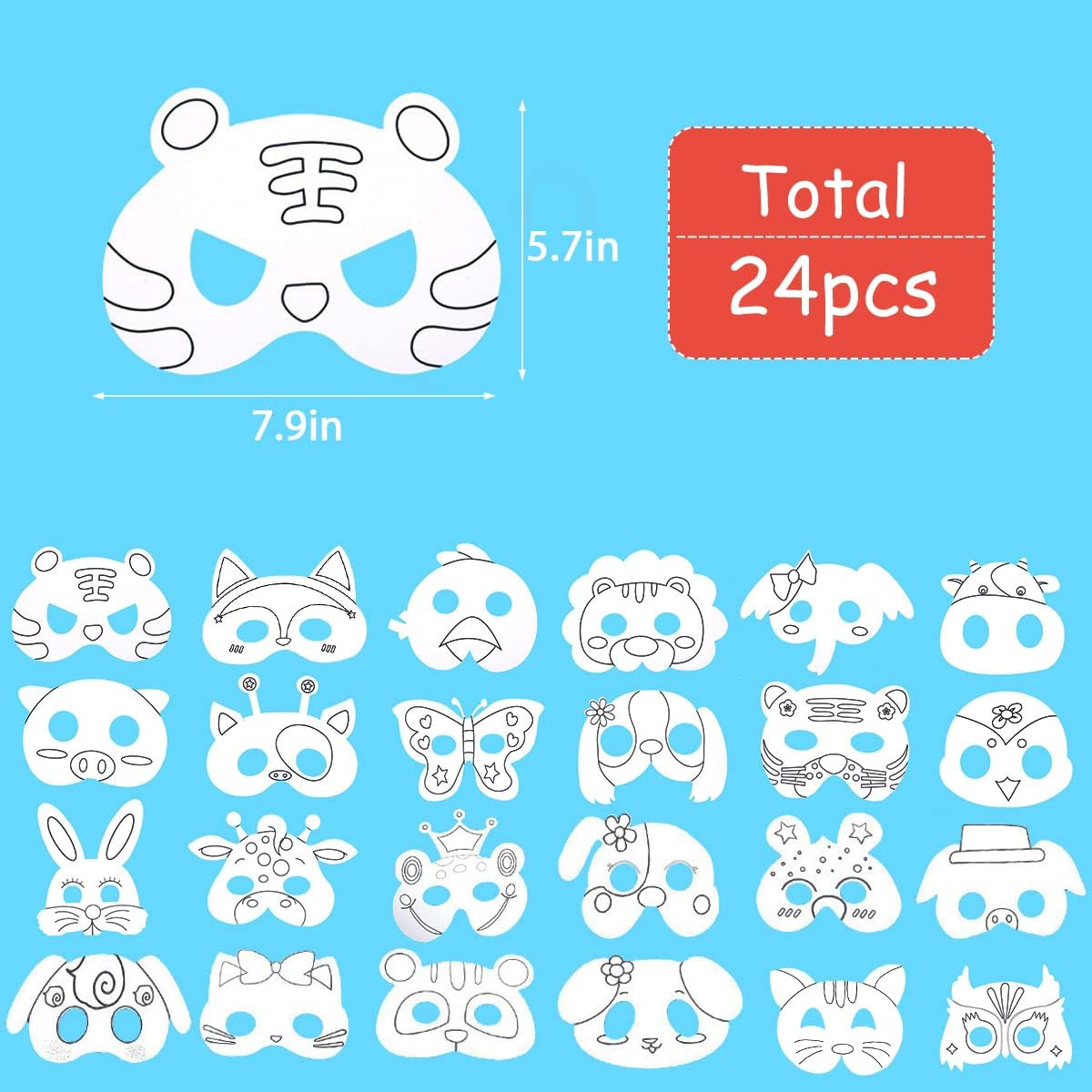 Fantasyon 66Pcs Animal Masks Set for Kids DIY Colour-In White Card Graffiti Hand Painting Art Craft for Halloween Decorations Birthday Party Safari Jungle Forest Theme Dress-Up image number 3