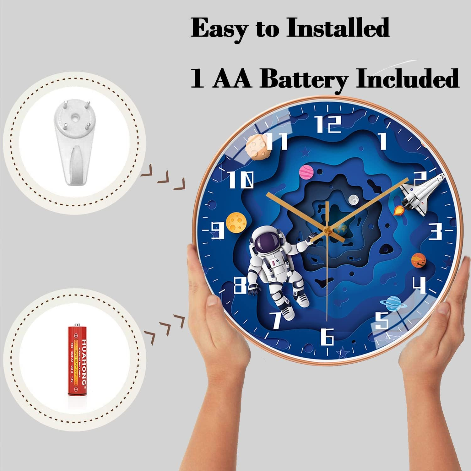 QINFIEY 12 Inch Silent Movement Kids Wall Clock, Non Ticking Children round Wall Clock Battery Operated Space Travel Style Decor Children Clock for Home School Boys Bedroom Living Room (Blue)