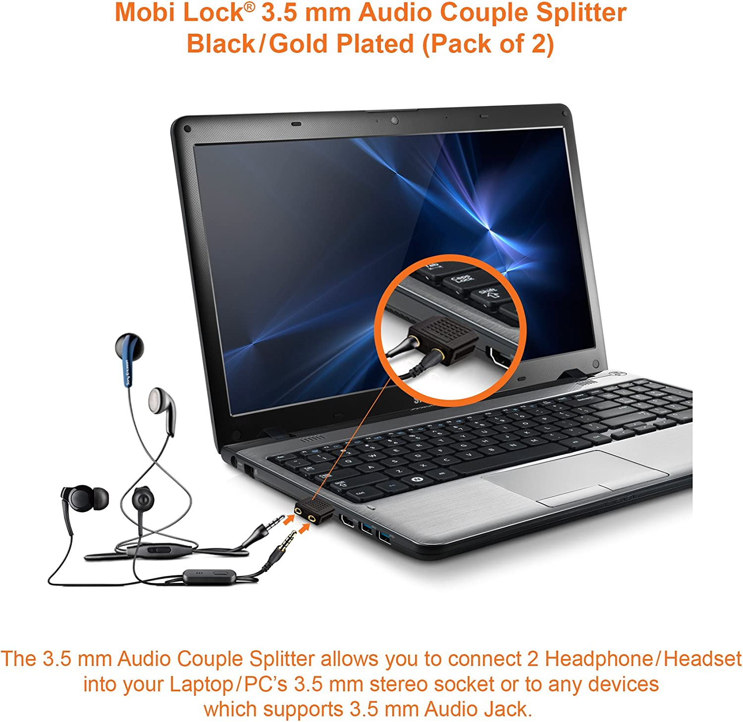 2Pcs 3.5Mm Headphone Y Splitter 1 Male to 2 Female Audio Jacks for Media Players and Audio Devices Allows Two People to Listen to 1 Sound Source - by Mobi Lock