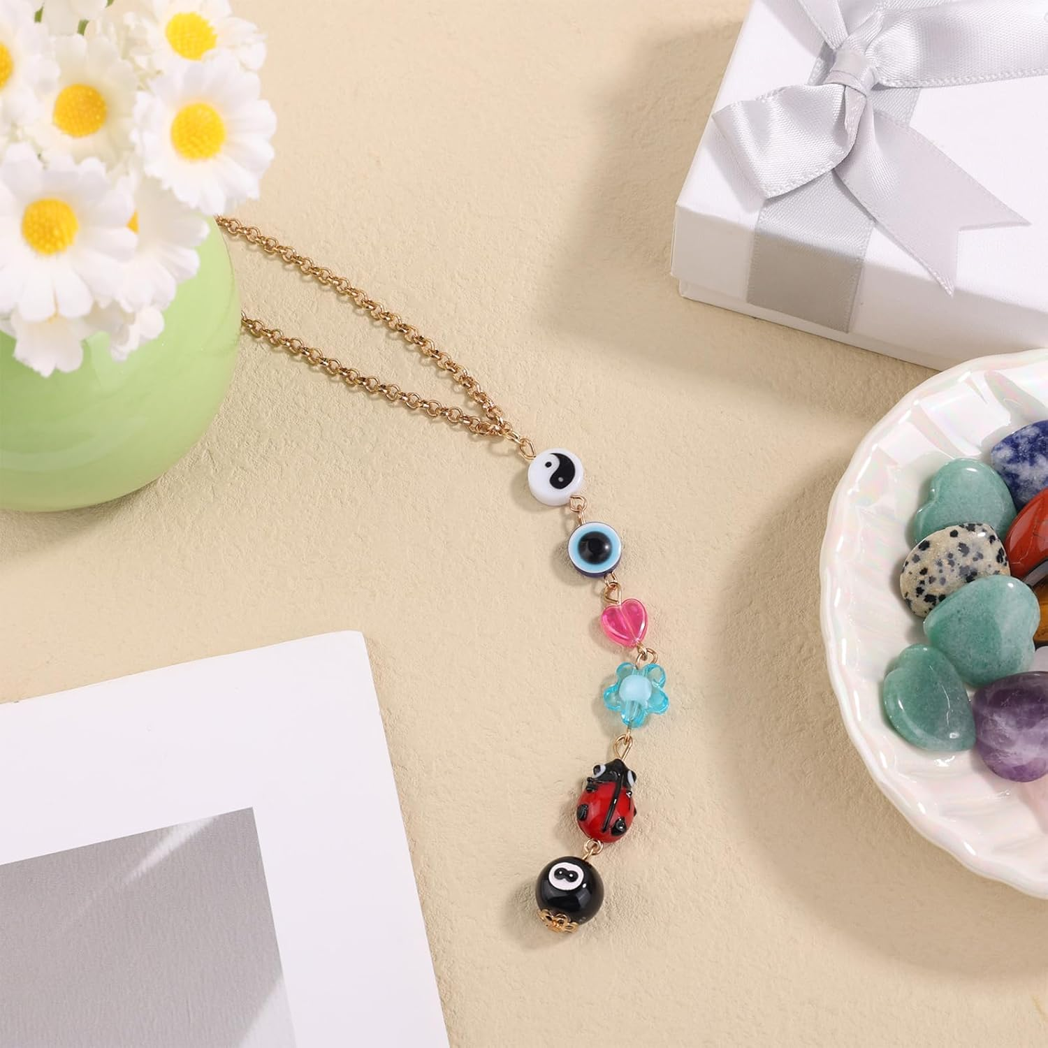 Gosknor Evil Eye Car Hanging Ornament, Multicolored Acrylic & Zinc Alloy, 20.5Cm/8.07In, Automotive inside Mirrors, Elegant Boho Beaded Lanyard Pendent Decoration image number 4