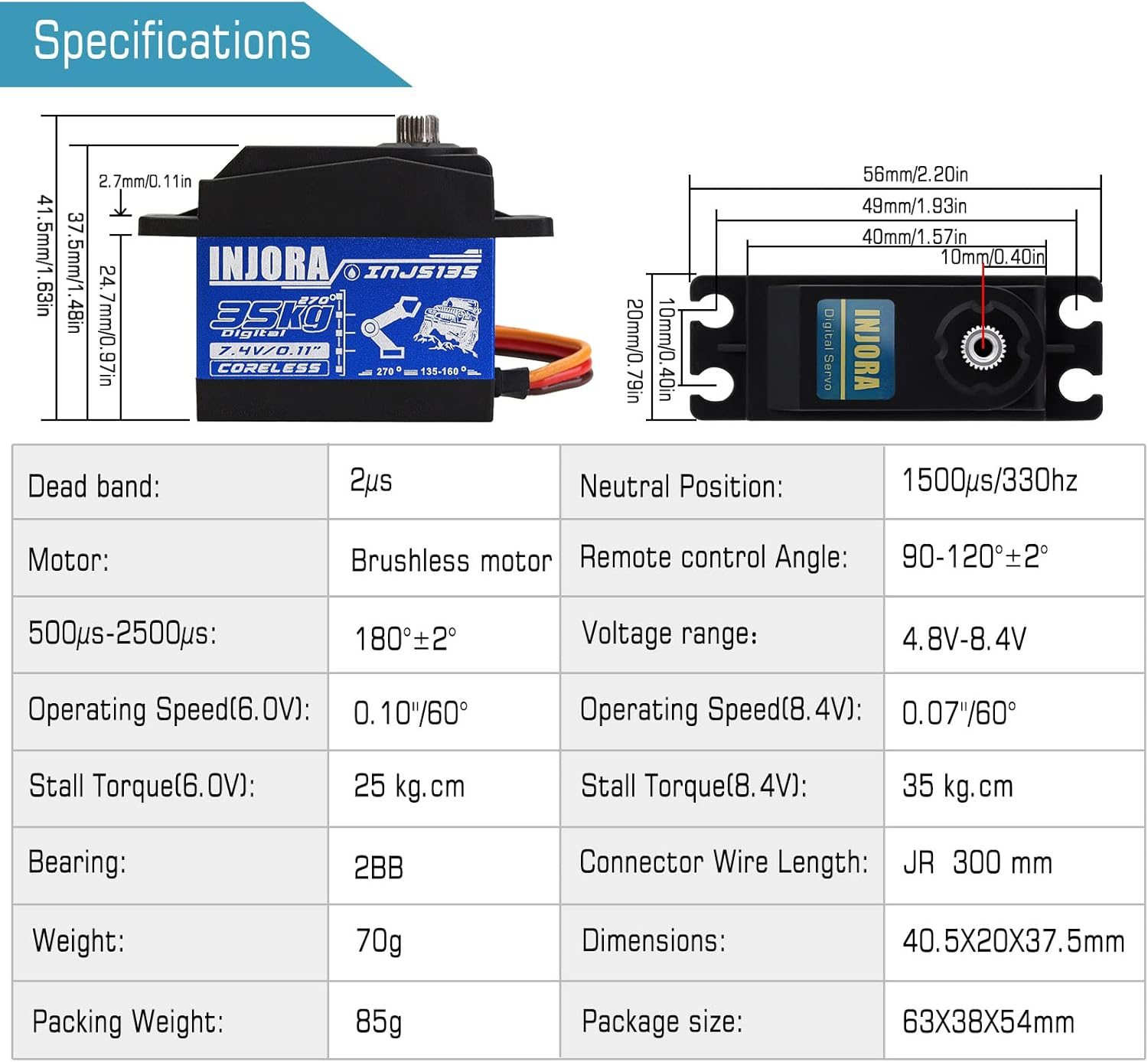 INJORA RC 35KG Brushless Waterproof High Voltage Servo Motor - High Torque Digital for 1/10 1/8 RC Car Model image number 5