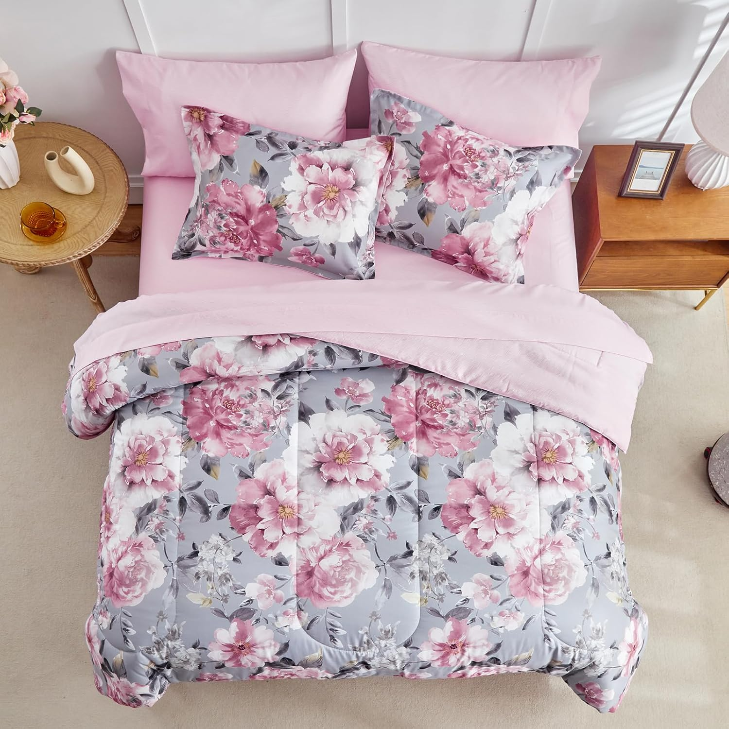 Joyreap 3Pcs Floral Comforter Set King, Tie-Dye Pink Flowers on Gray Design, Microfiber Lightweight Bedding Comforter Set for All Season- 100X88 Inches image number 7