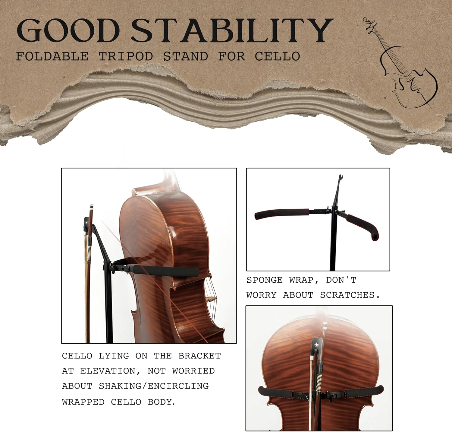 WHELPAW Adjustable Cello Stand with Bow Holder - Secure & Sturdy Support for All Cello Sizes - Easy Fold Design - Premium Materials & Non-Slip Feet image number 2