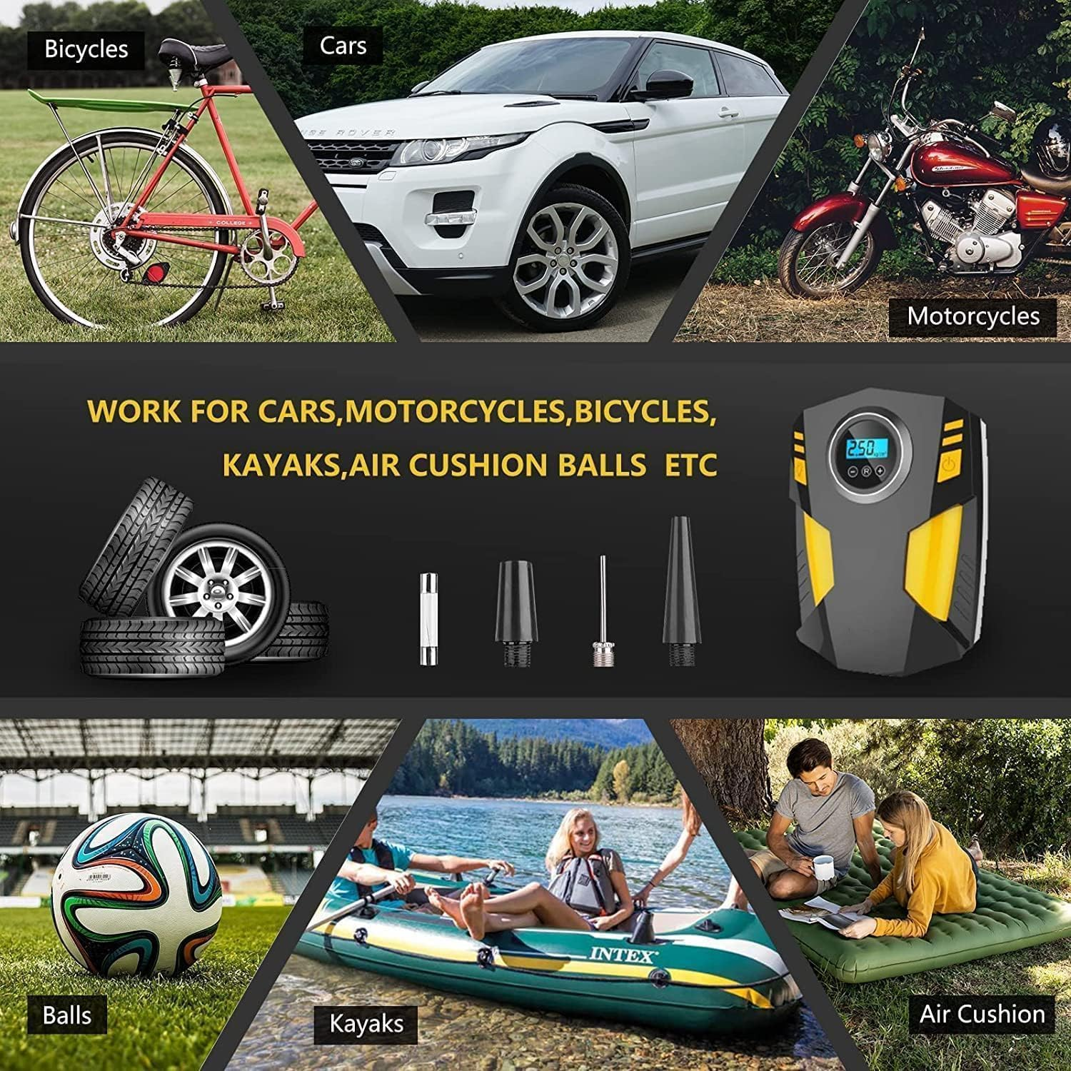 JOZUTTOW Digital Tyre Inflator, Portable Air Compressor Car Tyre Pump with 3 Nozzle Adaptors and Digital LED Light 12V Rapid Tyre Inflator Air Compressor for Car Tires, Bicycle, Motorcycle image number 5