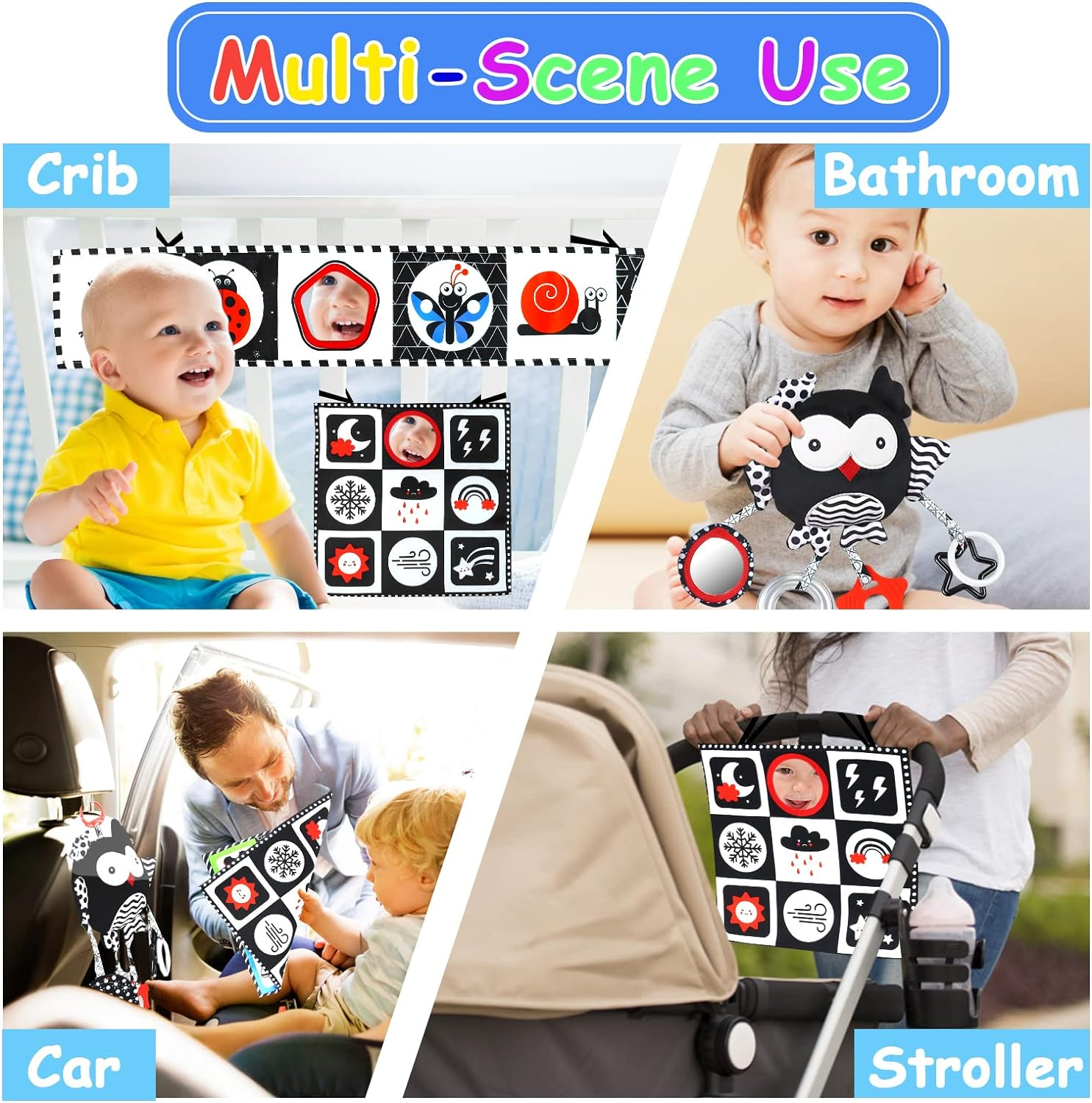 Black and White High Contrast Baby Toys 0-6 Months with Mirror, Crinkle and Rattles, Soft Baby Toys for Brain Development Montessori Sensory Tummy Time Toys Newborn Infant Toys for 0 3 6 9 Months Old image number 4