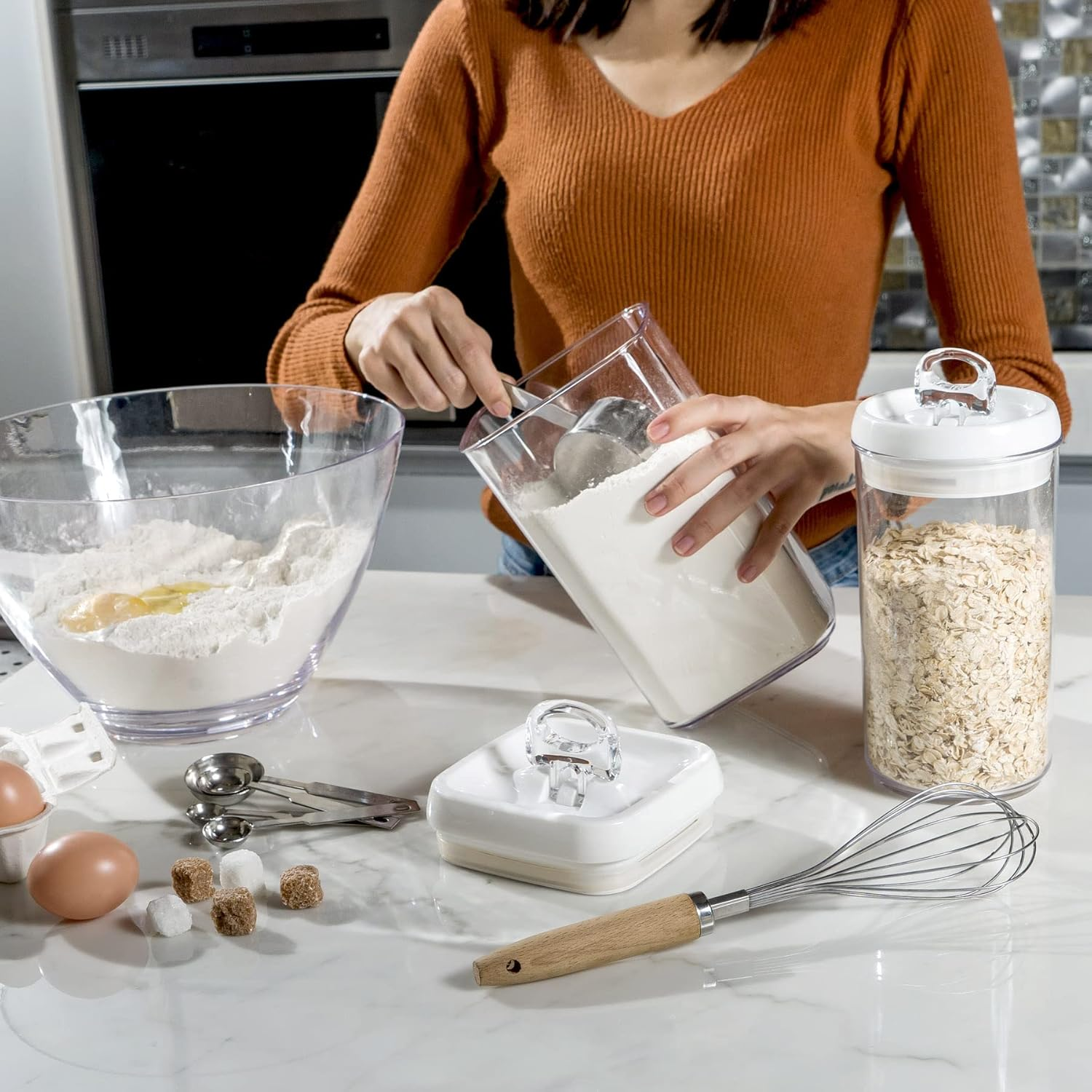 Felli Flip Tite Food Storage Container with Lid Air Tight 5&rdquo; LARGE-M Lock Top Stackable Acrylic Canister Set for the Kitchen Pantry Clear Jar Organizing Sugar Flour Powder Protein Organizer (1.8 Qt) image number 3