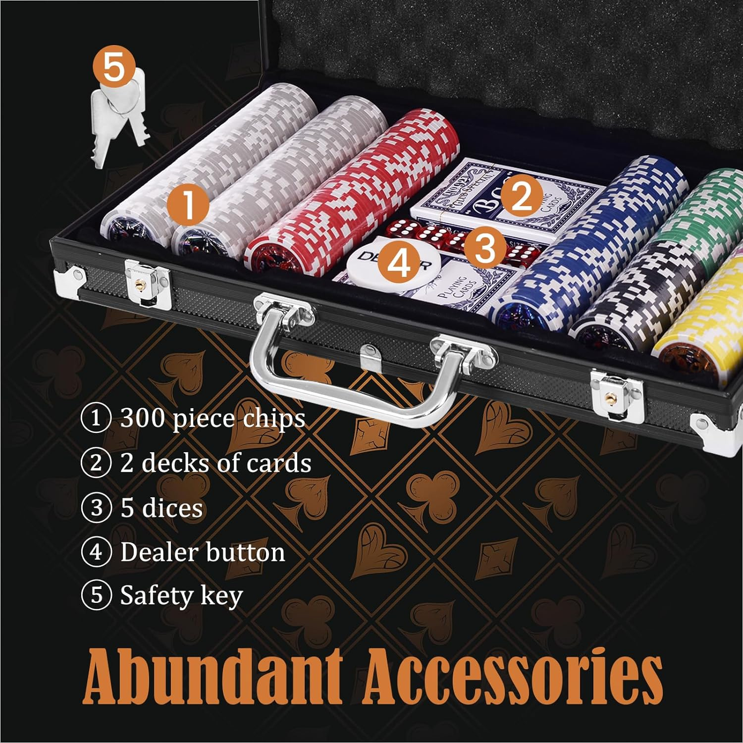Costway 300 PCS Casino Poker Chip Set, Texas Holdem Poker Chips W/Lockable Aluminum Case, 2 Deck of Cards, 5 Dices, Dealer Button, 1 Table Felt, Professional Complete Poker Chip Set Dice Cards image number 2