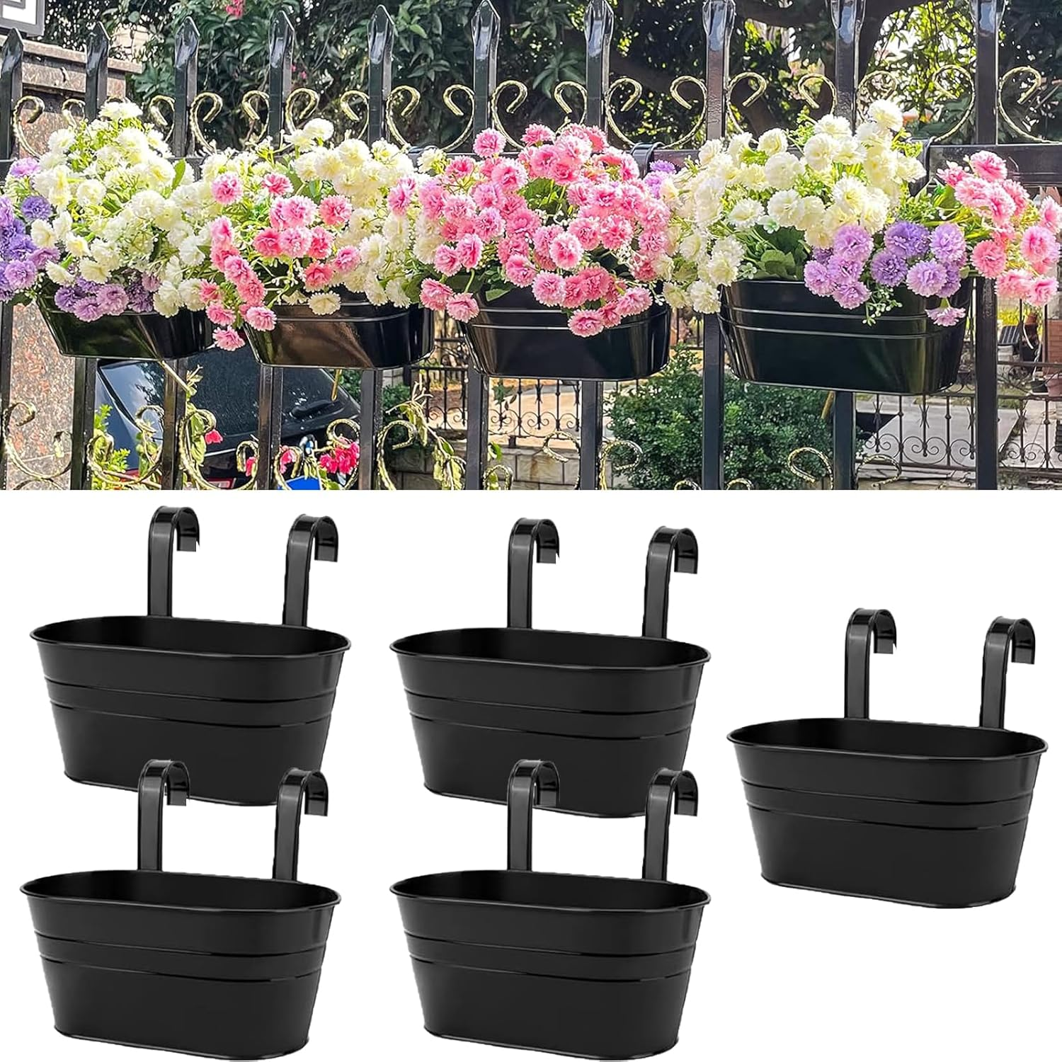 Hanging Metal Flower Pots with Detachable Hooks &ndash; 5 Pack Outdoor Balcony Planters with Drainage Holes for Garden, Fence, and Porch Decoration (Black) image number 6