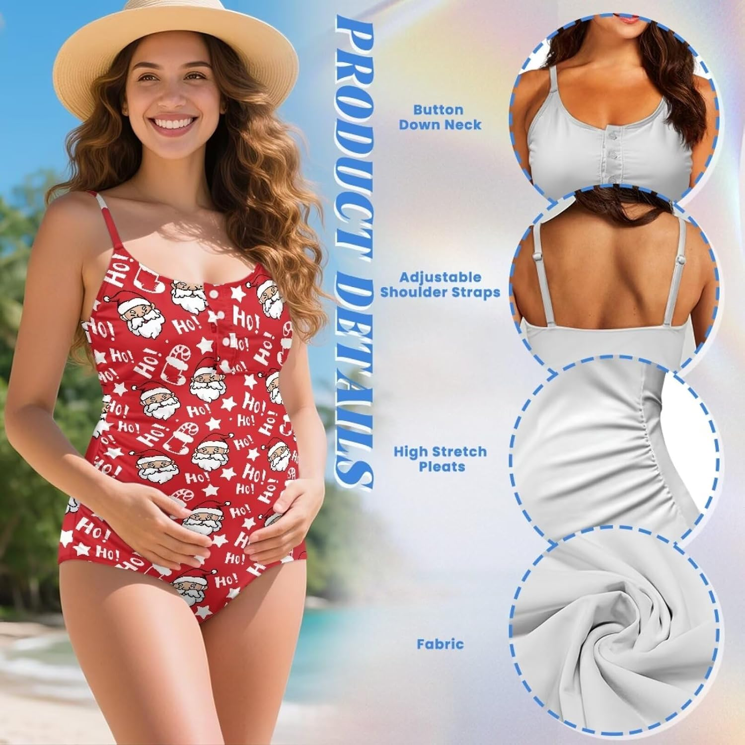 Maternity Swimsuit One Piece round Neck Button Pregnancy Bathing Suit Spaghetti Straps Ruched Swimwear plus Size