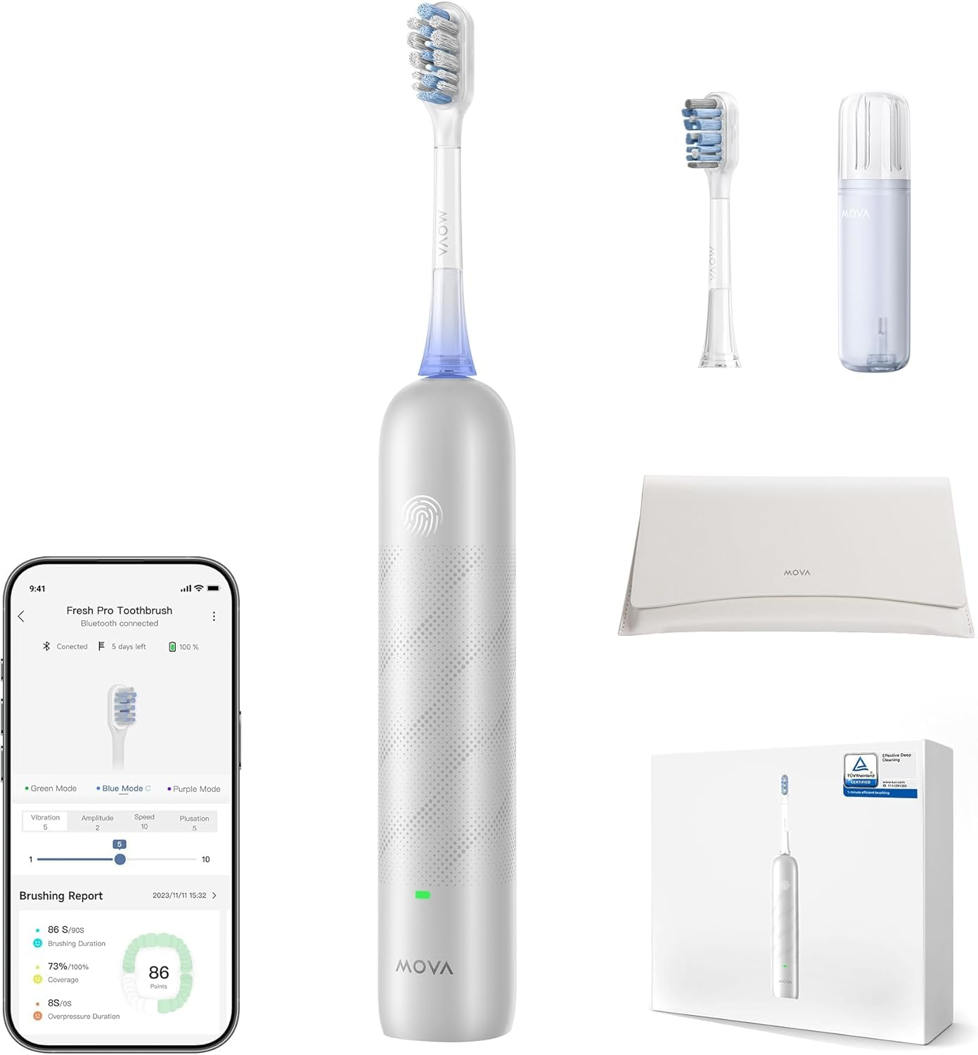 MOVA Fresh Pro 3Dclean Electric Toothbrush with AI Pressure Sensing, 30-Day Battery, 2 Brush Heads and Travel Case, Bluetooth App, Whitening & Sensitive Care, Wireless Charging, Stain-Resistant Design, Matte Silver image number 4