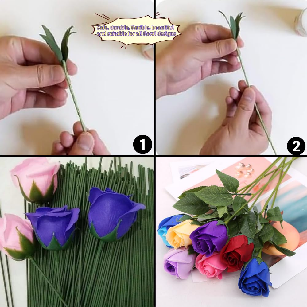 100Pcs Floral Wire, Green Flower Wire Wrapped with Paper, Florist for Artificial Flowers, Wreath, (2MM) for Arrangements DIY Bouquet Handcrafts image number 1