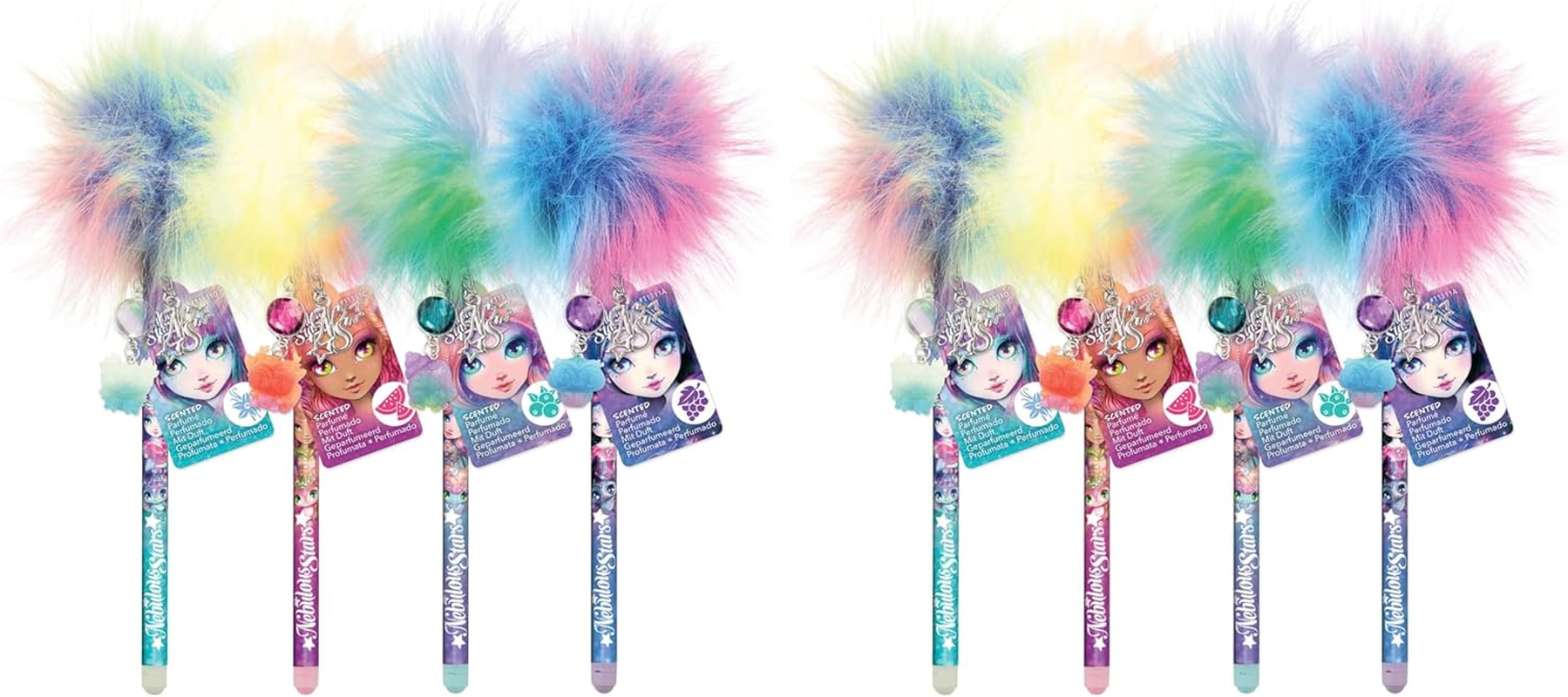Nebulous Stars Scented Pom Pom Pen Set - Assorted Ballpoint Pens with Rainbow Pom Poms, Charms & Scented Ink, Fun, Colourful School Supplies for Kids (Pack of 2) image number 3