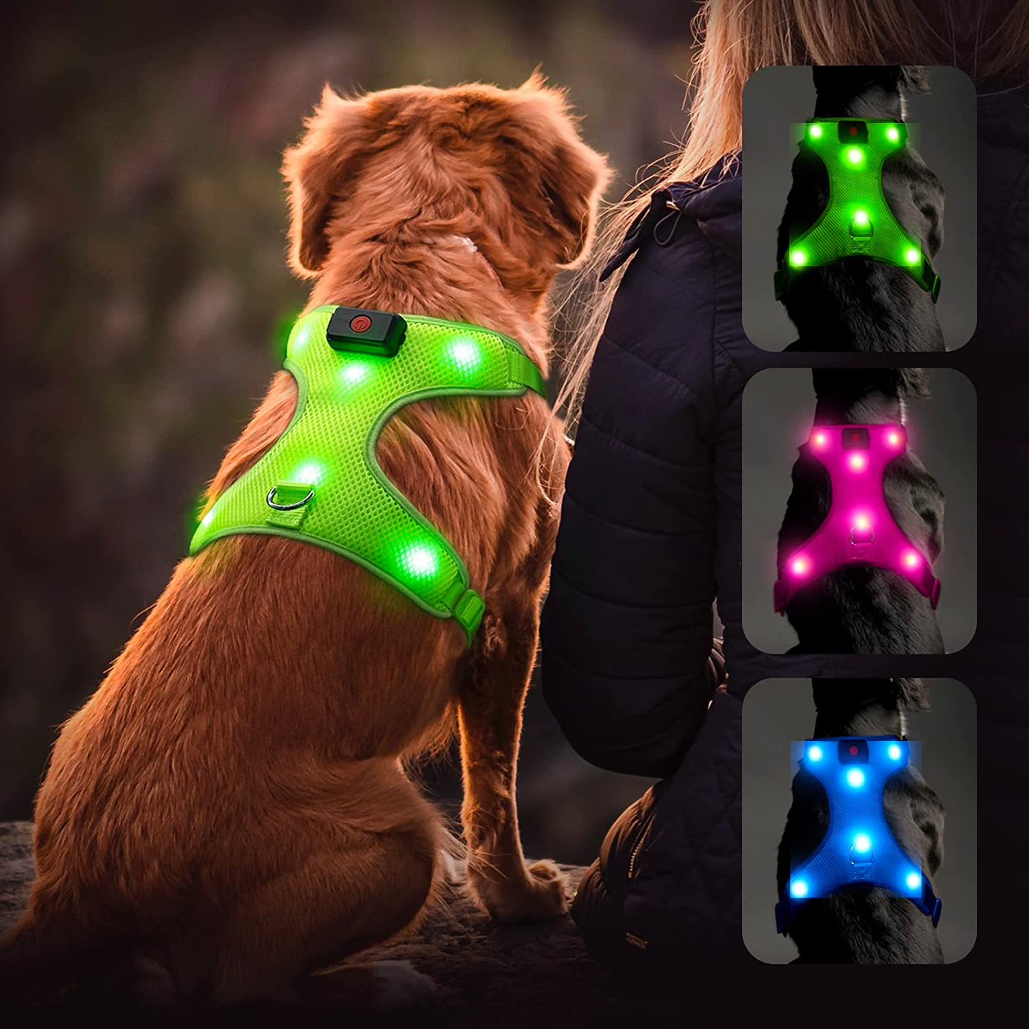 Flashseen LED Dog Harness, Lighted up USB Rechargeable Pet Harness, Illuminated Reflective Glowing Dog Vest Adjustable Soft Padded No-Pull Suit for Small, Medium, Large Dogs (Green, M)