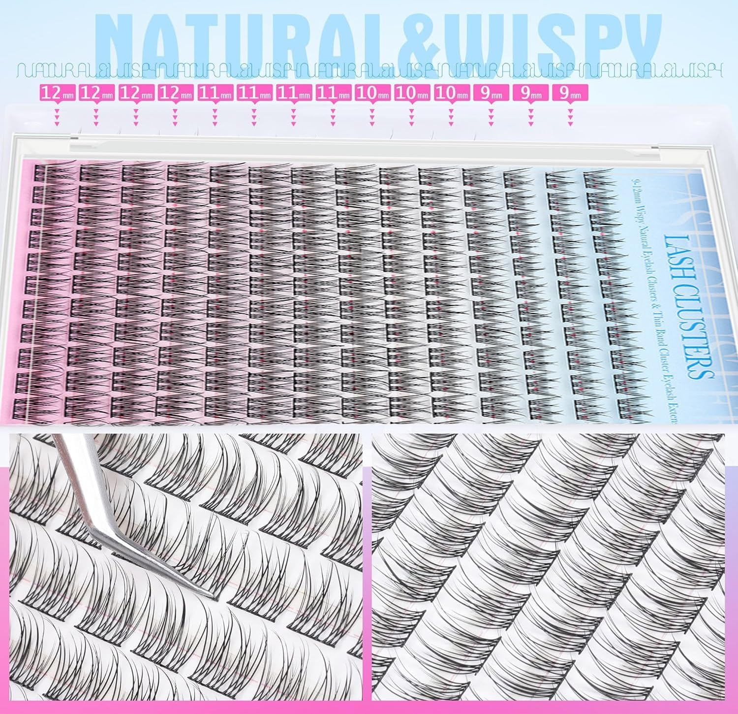 Natural Lash Extensions Kit 168Pcs Wispy Cluster Lashes 9-12MM Lash Extensions Tweezers Set - Natural Volume Effect Easy at Home Set image number 2