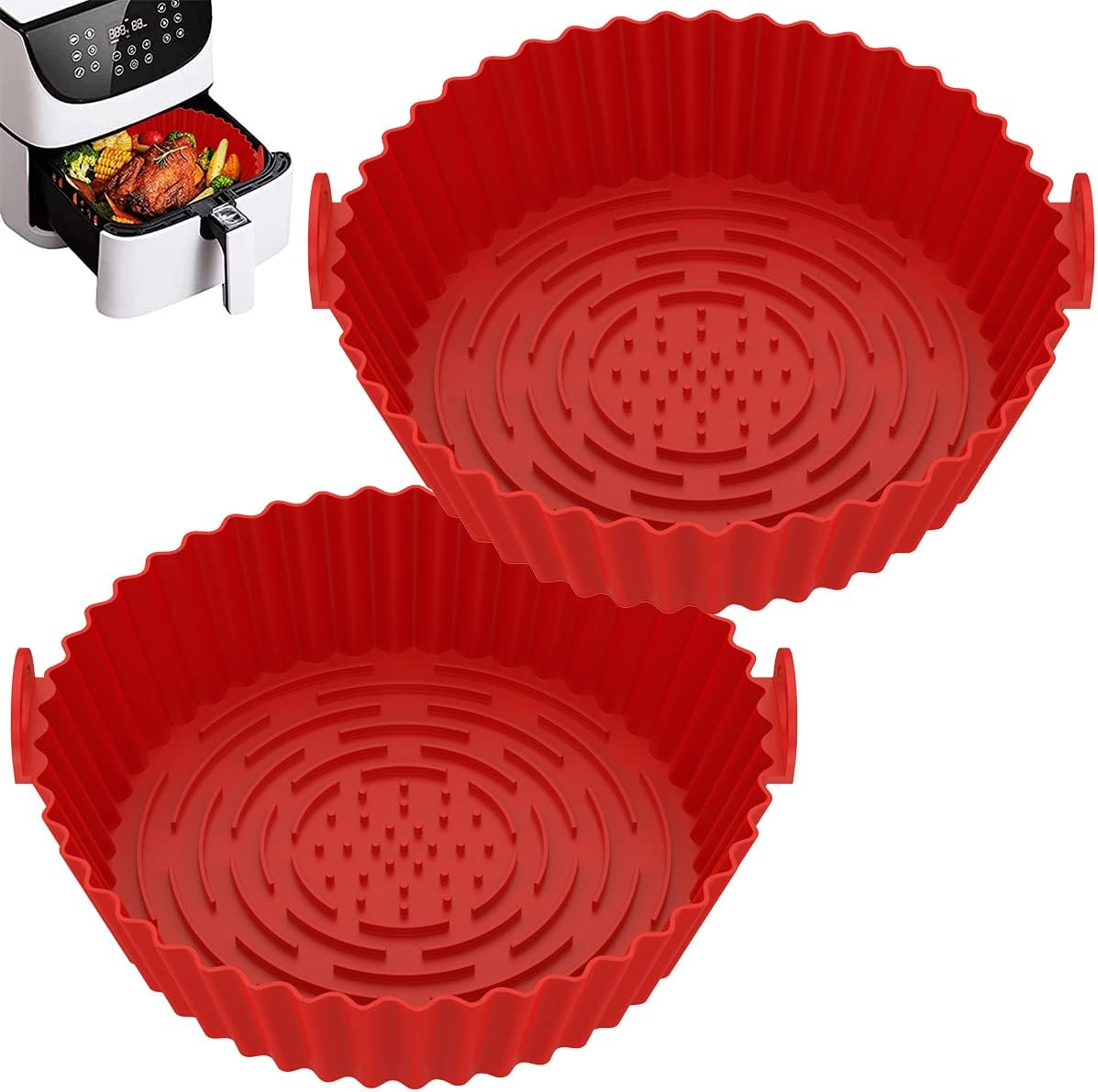 Fxvhojq 2Pcs Air Fryer Silicone Pot - Reusable, Heat Resistant, BPA Free, Dual Handle, 20Cm Round, Baking Pan, Fruit Tray image number 1