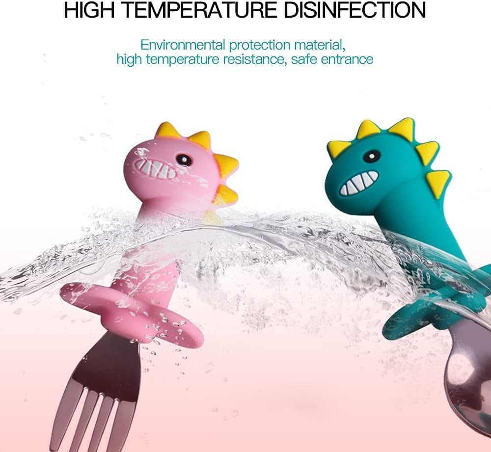 2 Pieces Toddler Utensils Stainless Steel Forks and Spoons Safe Children'S Cutlery Set, Handle Cartoon Cute for Baby, Silicone Holding Anti-Choke Design (Green Dinosaur) image number 3