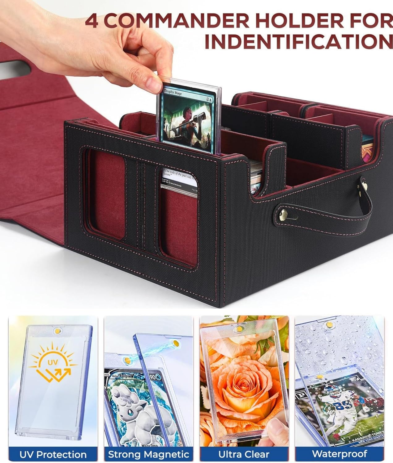 Cyperever Trading Card Storage Box for MTG, Card Storage Box with Commander Display, Multi-Purpose MTG Deck Box for Graded Storage with 4 Toploaders, 8 Stoppers, 8 Dividers (Black & Red) image number 3