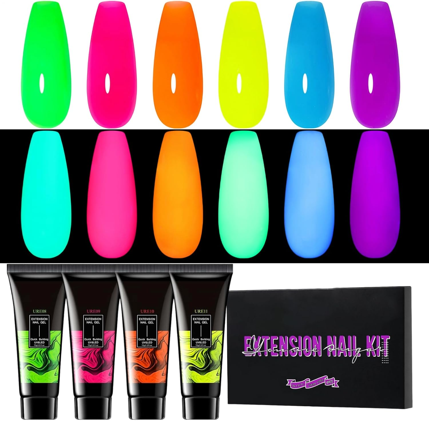 Semi-Permanent Gel Polish &ndash; UV Formula, Fluorescent, Shiny | Set of 6 Colours with Shiny Flakes Effect in the Dark, Durable Adhesive for Nail Reconstruction and Professional Female Quick Manicure image number 4