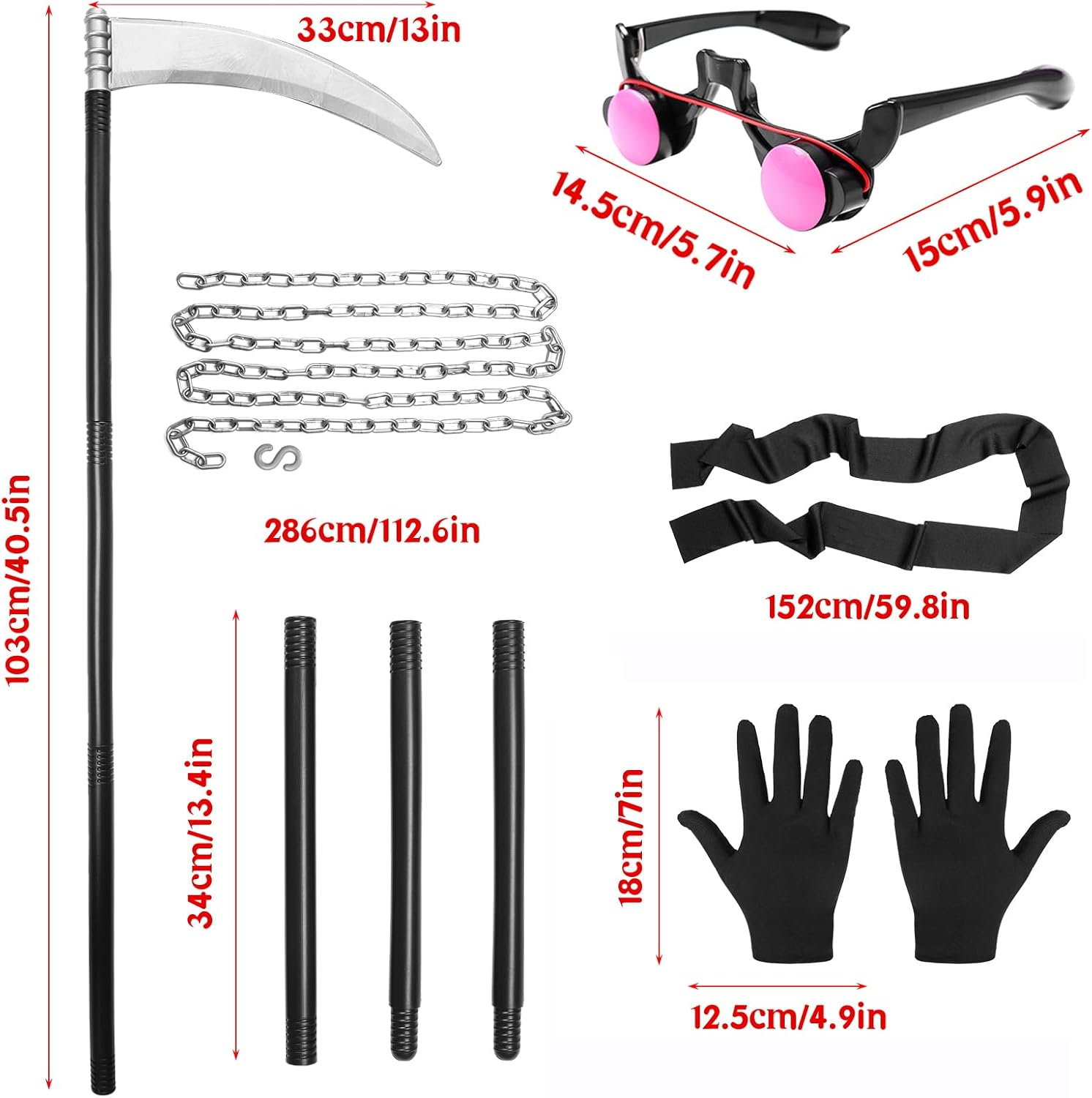 Grim Reaper Halloween Costume with Red Eyes for Adults,Halloween Costumes 7 Pcs Halloween Grim Reaper Costume Set with Glasses Scythe Chain Belt Halloween Costumes Mens image number 1