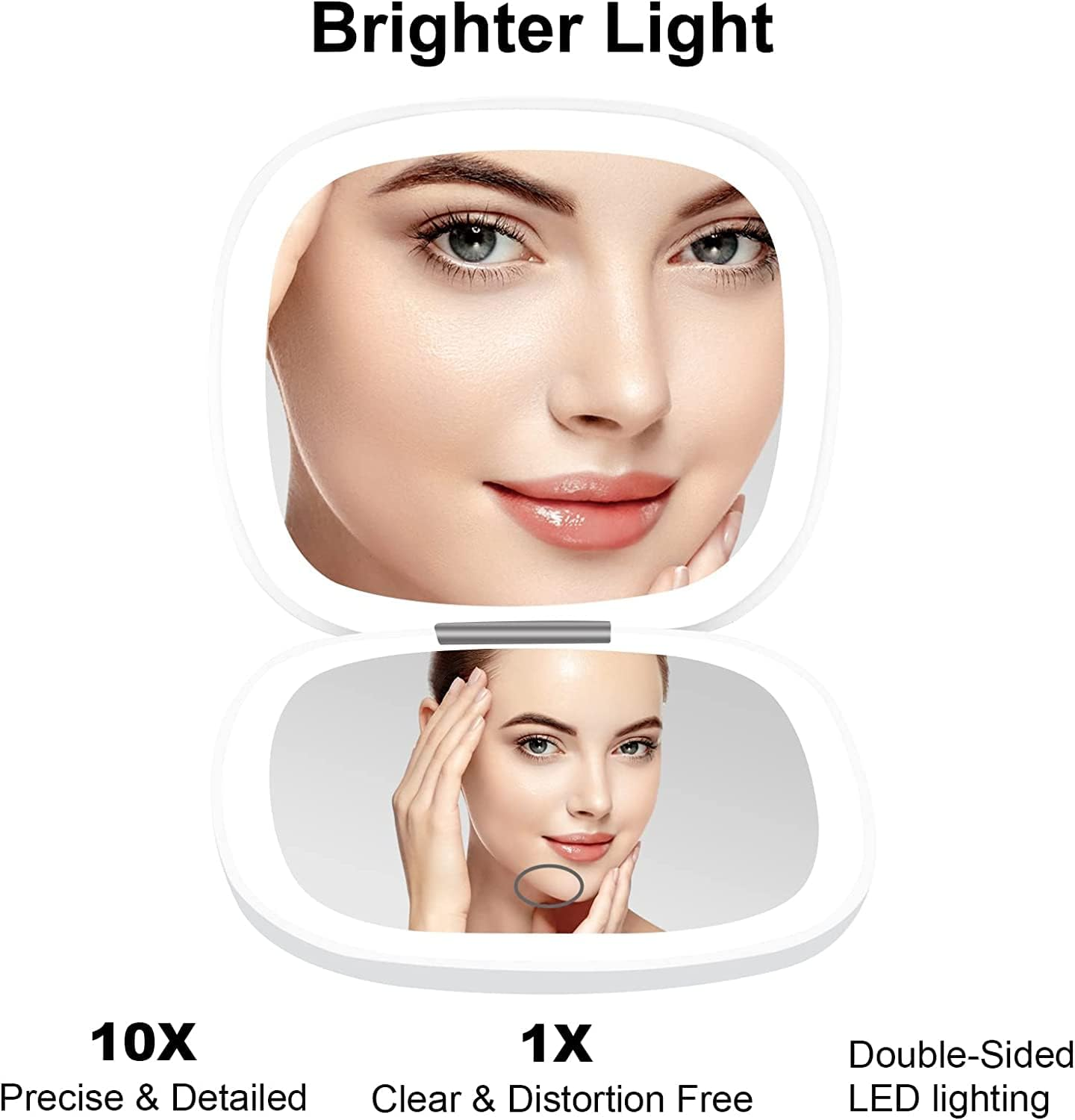 YUKAIONE Rechargeable LED Makeup Mirror, Compact Travel Mirror with 1X/10X Magnification, 3 Color Lights, Mini Magnetic Pocket Mirror for Women(White) image number 2