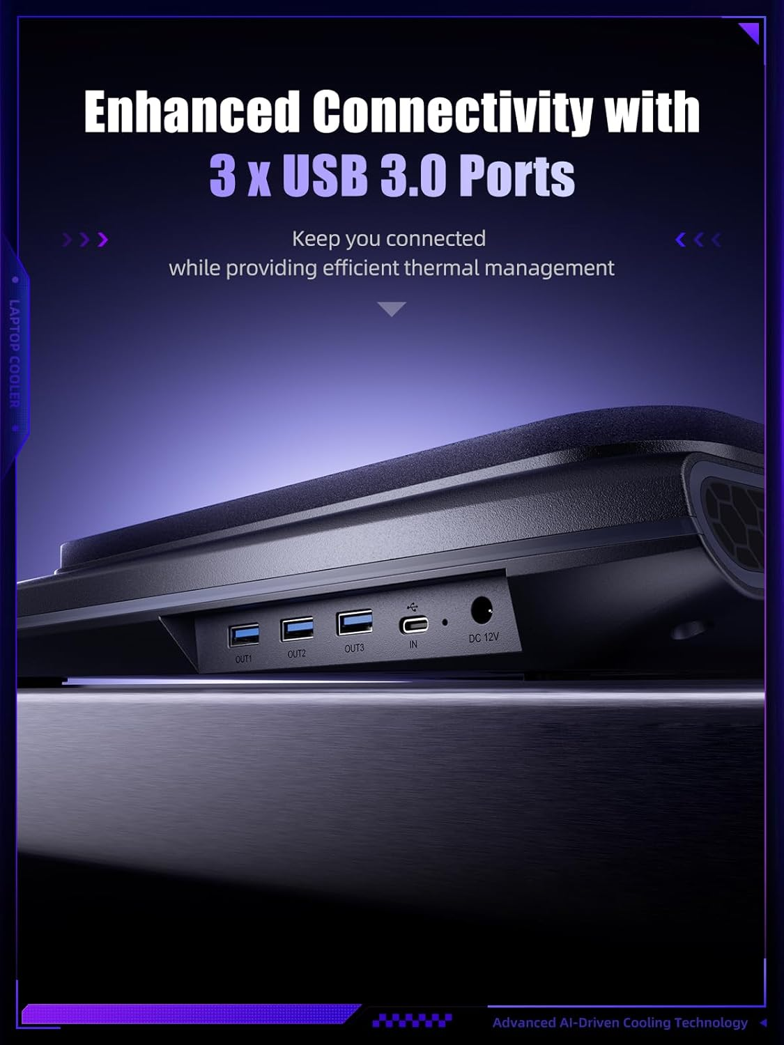 Llano V12 Ultra Laptop Cooling Pad with Smart Software Control, RGB Gaming Laptop Fan Cooler Stand, 5.5" Turbo Fan, Adjustable Speed, 3*USB 3.0 Ports, 3 Height Stands, for 15.6"-19" Laptops, Black image number 3