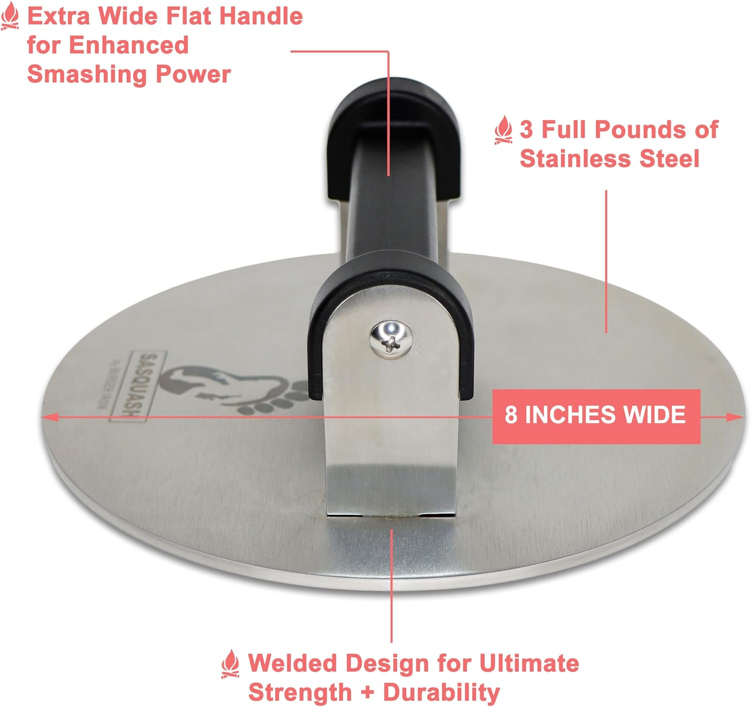 The Sasquash - Bigfoot Burger Smasher - Professional Grade Burger Press - Monster 8" Wide 3+ Pound Welded Stainless Steel Smashed Burger Grill Tool, Blackstone Griddle Steak Weight and Flat Top Press image number 3