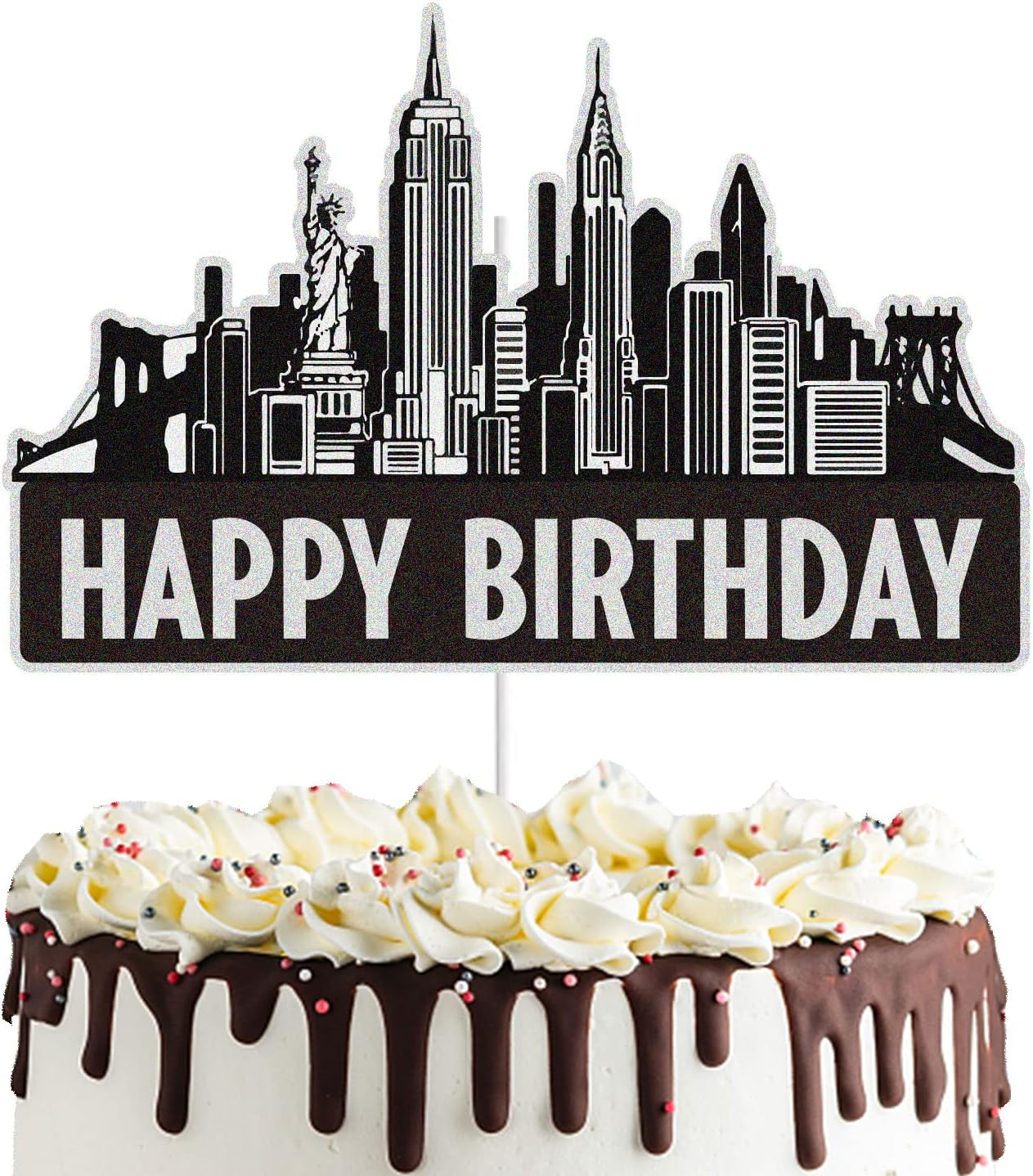 New York City Cake Toppers Black Glitter NYC Cityscape Bday Party Cake Decor Scenic Building Images Lighted City Backdrop Party Decoration Supplies
