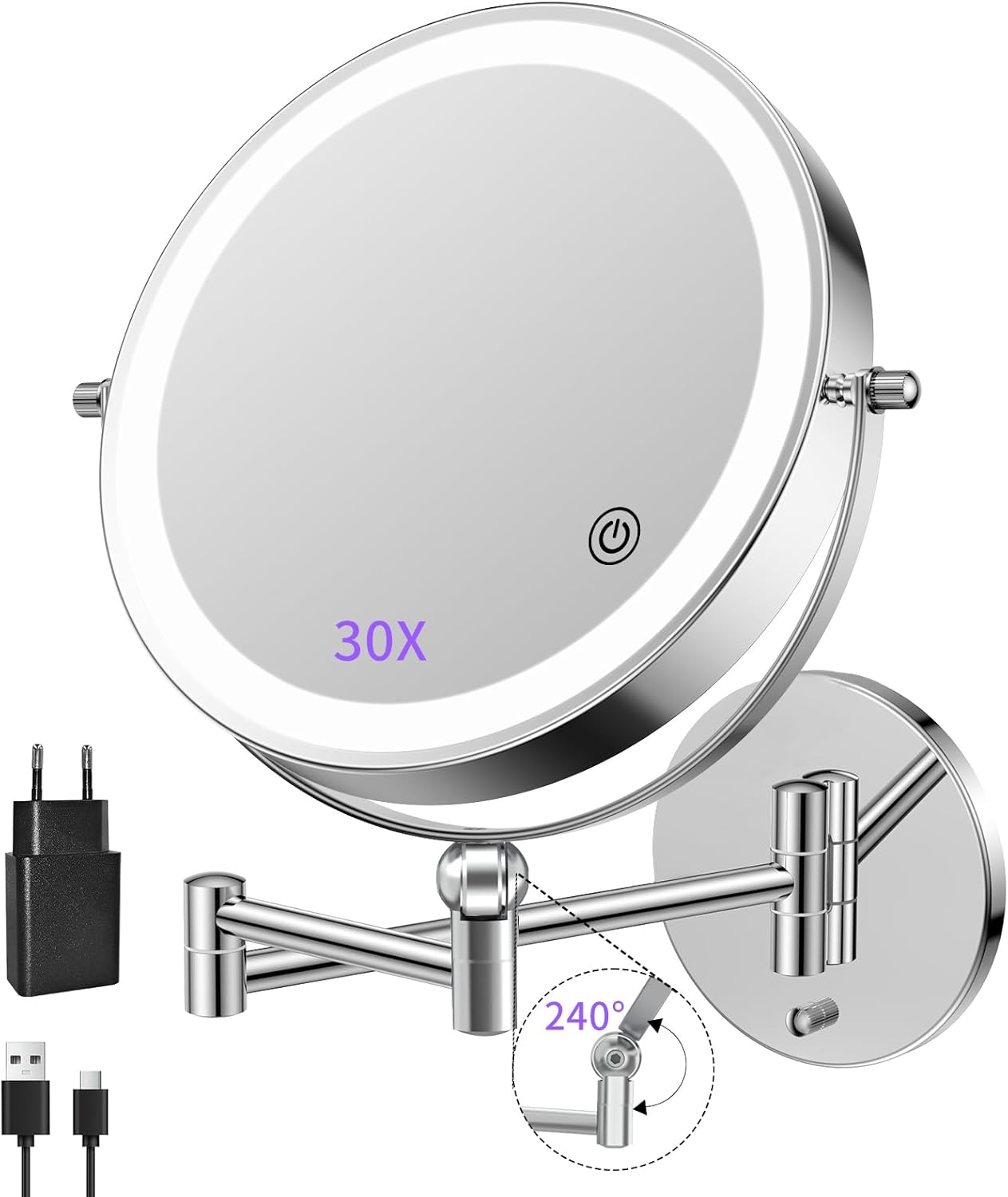 FUNTOUCH 4000 Mah Rechargeable Cosmetic Mirror with 1X/20X Magnification, Dimmable Shaving Mirror 3 Colours, Touchscreen LED Make-Up Mirror, 360&deg; Rotatable, Wall Mirror for Bathroom and Hotel image number 2