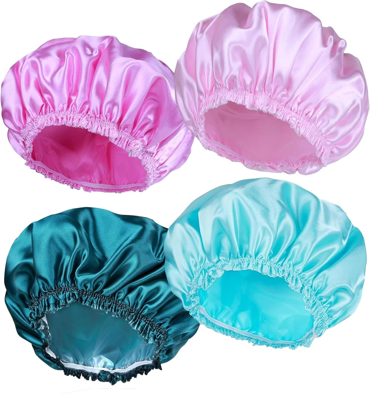 4PC Satin Lined Shower Caps Set, Large Waterproof Reusable Bath Hair Caps for Women with Long Hair, Premium Shower Bonnets & Plastic Hair Treatment Caps Accessories image number 5