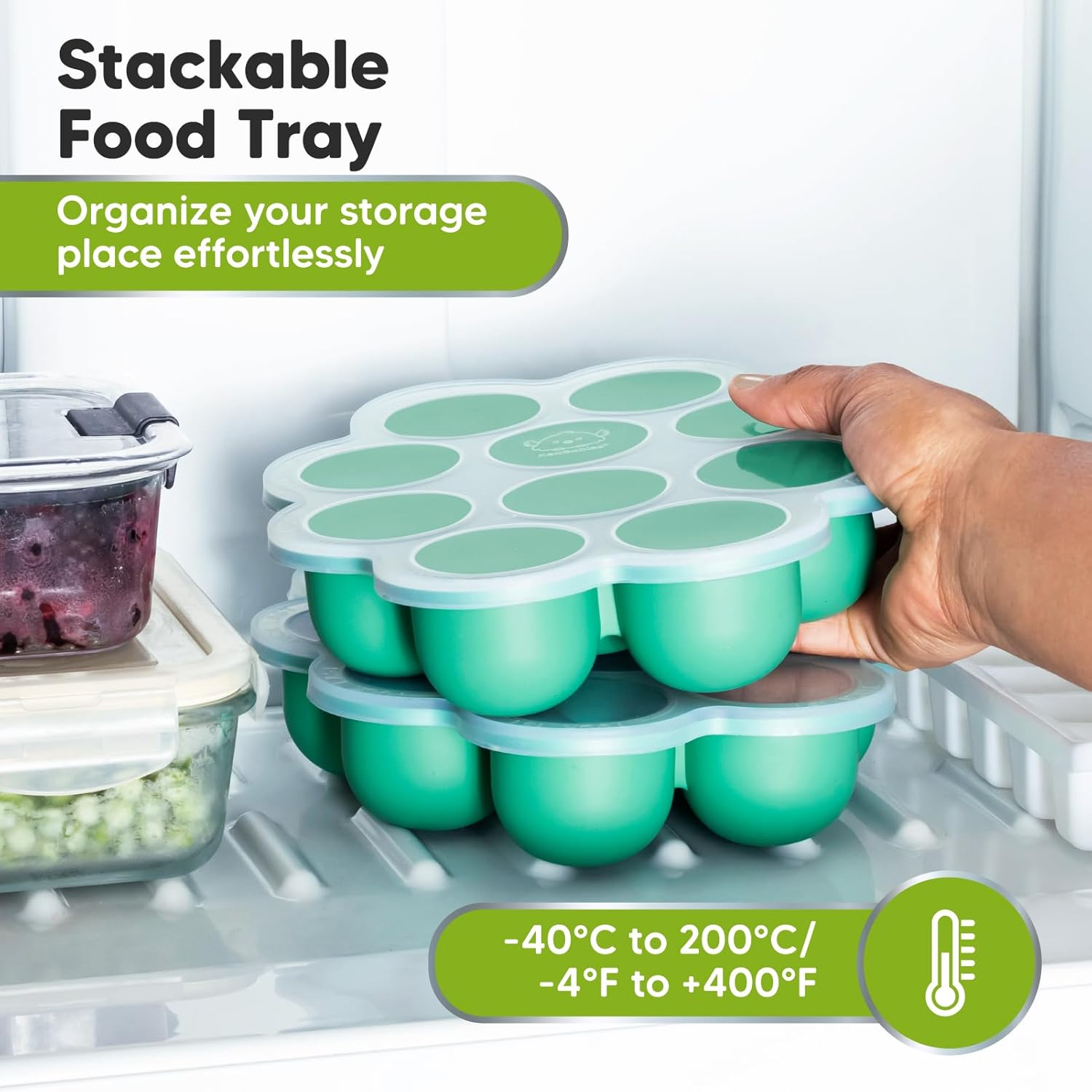 60Ml X 10 Pods Silicone Baby Food Freezer Tray with Clip-On Lid - Baby Food Storage Containers - Baby Food Tray, Baby Freezer Food Storage, Bpa-Free Puree Freezer Tray (Alpine Green) - Blossom image number 6