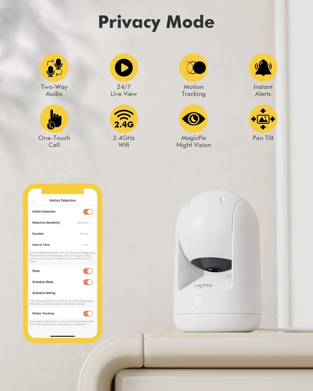 Dzees Pet Camera Indoor Security Camera No Subscription, 2K 360&deg; Wifi Camera, Wired Dog Pet Camera with Phone App, Magicpix Night Vision, Calls, 2-Way Audio, 24/7, Motion Tracking, Privacy, 2.4Ghz