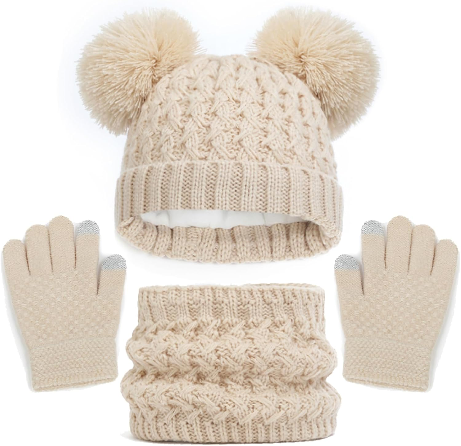 Kids Winter Beanie Hat Scarf and Touchscreen Gloves Set,Fleece Lining Beanie Hat Knit Gloves Neck Warmer for Children 2-8