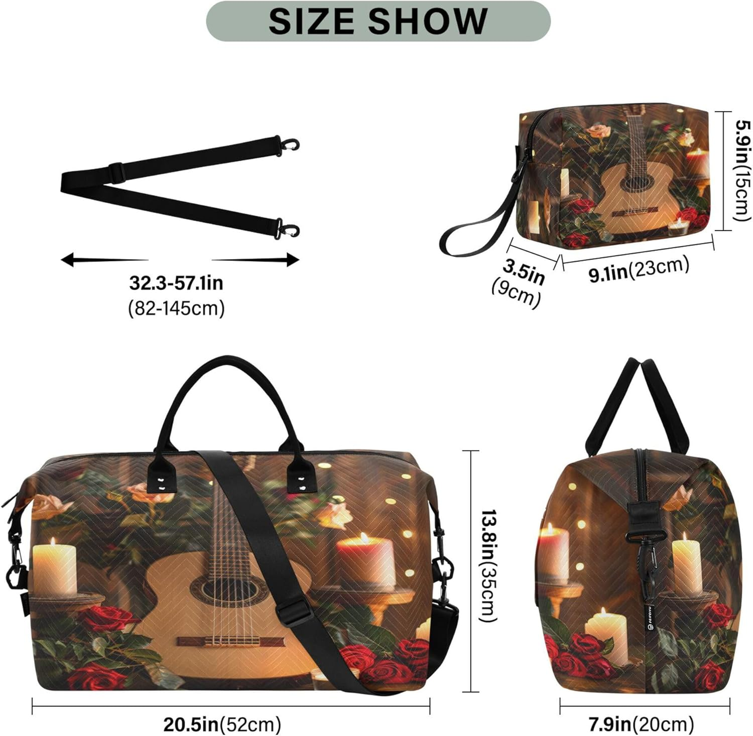 Large Travel Duffel Luggage Gym Tote Bag Carry on Weekend Bag with Adjustable Strap for Workout Multifunctional Vintage Style Guitar Roses Candles, Multi, One Size, Modern/Fitted, Multi, One Size, image number 6
