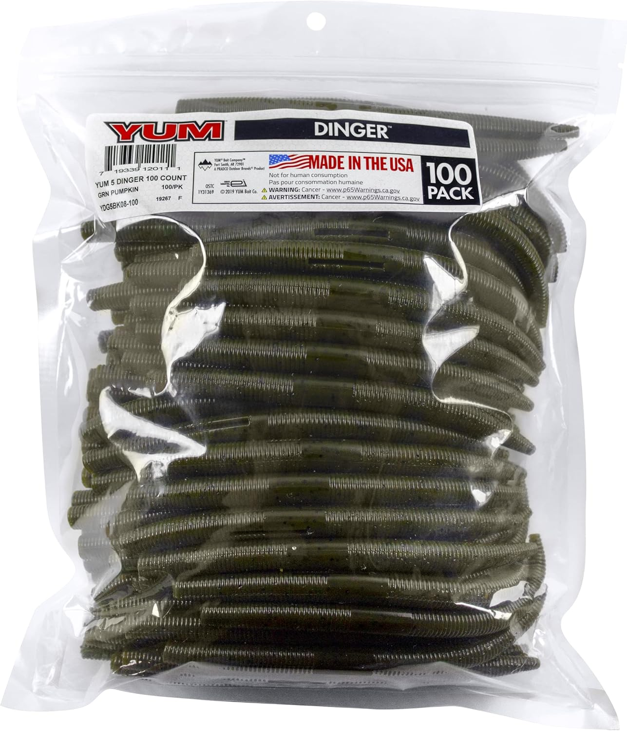 YUM Dinger Classic Worm All-Purpose Soft Plastic Bass Fishing Lure 100 Pack, 5 Inch