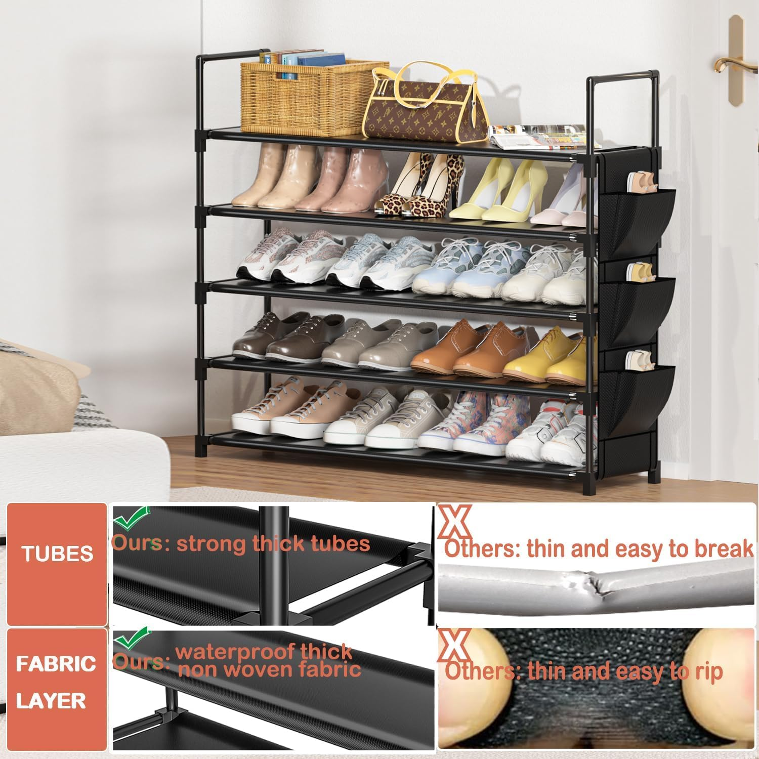 Shoe Rack 5 Tier Shoe Organizer Shoe Storage 20-25 Pairs Black Shoe Rack for Closet Entryway Space Saving Bedroom Garage Door image number 6