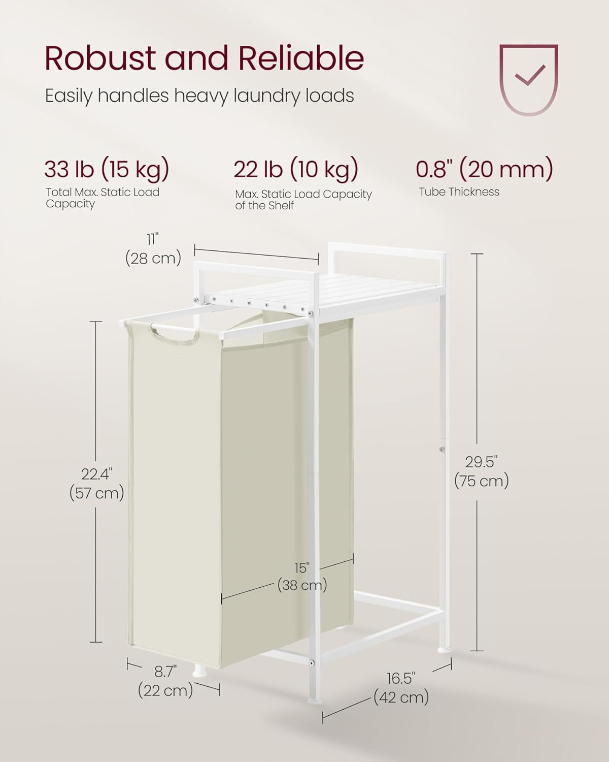 VASAGLE Laundry Hamper, Slim Laundry Basket, Laundry Sorter with a Pull-Out and Removable Bag, Shelf, Metal Frame, 12.7 Gallons (47 L), 16.5 X 11 X 29.5 Inches, Cream White and Cloud White UBLH001W01 image number 4