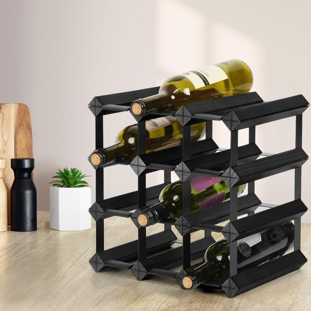Artiss 4 Tier 12 Bottle Wine Rack, Wooden Timber Wines Bottles Storage Racks Holder Freestanding Display Organiser for Kitchen Cellar Bar, Stackable Modular Pine Wood 32 X 32 X 23.5Cm Black image number 1