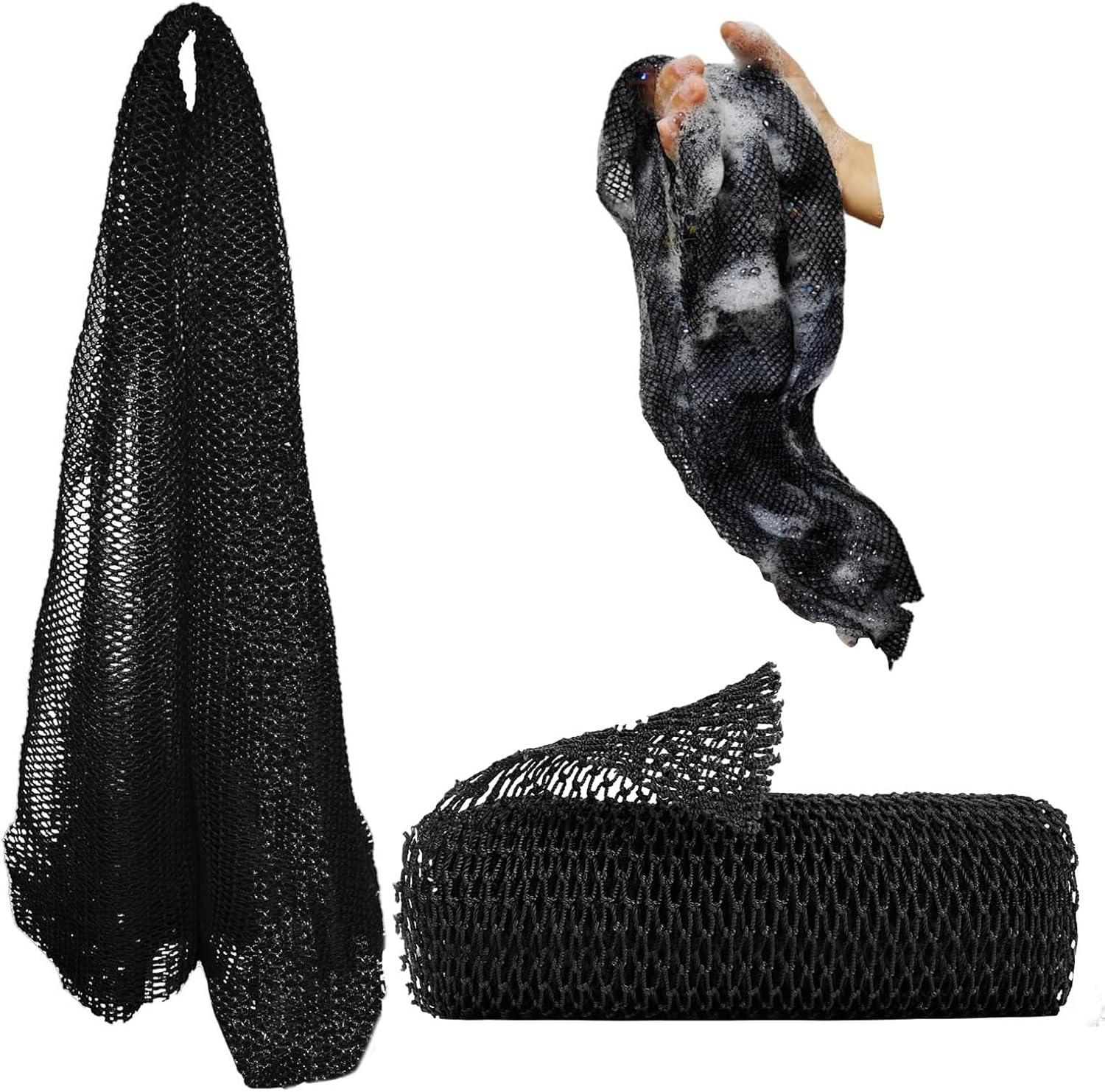 African Net Sponge with Exfoliating Knots - Exfoliating Scrubber for All Skin Types, Bath Sponge for Face & Body, Travel Portable, Durable, Gentle Exfoliation, Bath and Shower Essential, Body Exfoliator Sponge (Black)