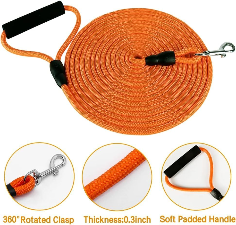Long Dog Leash, 32Ft Reflective Dog Training Leash for outside and Yard, Floating Long Line Lead with Soft Handle for Camping, Hiking, Swimming, Beach and Lake (Orange)