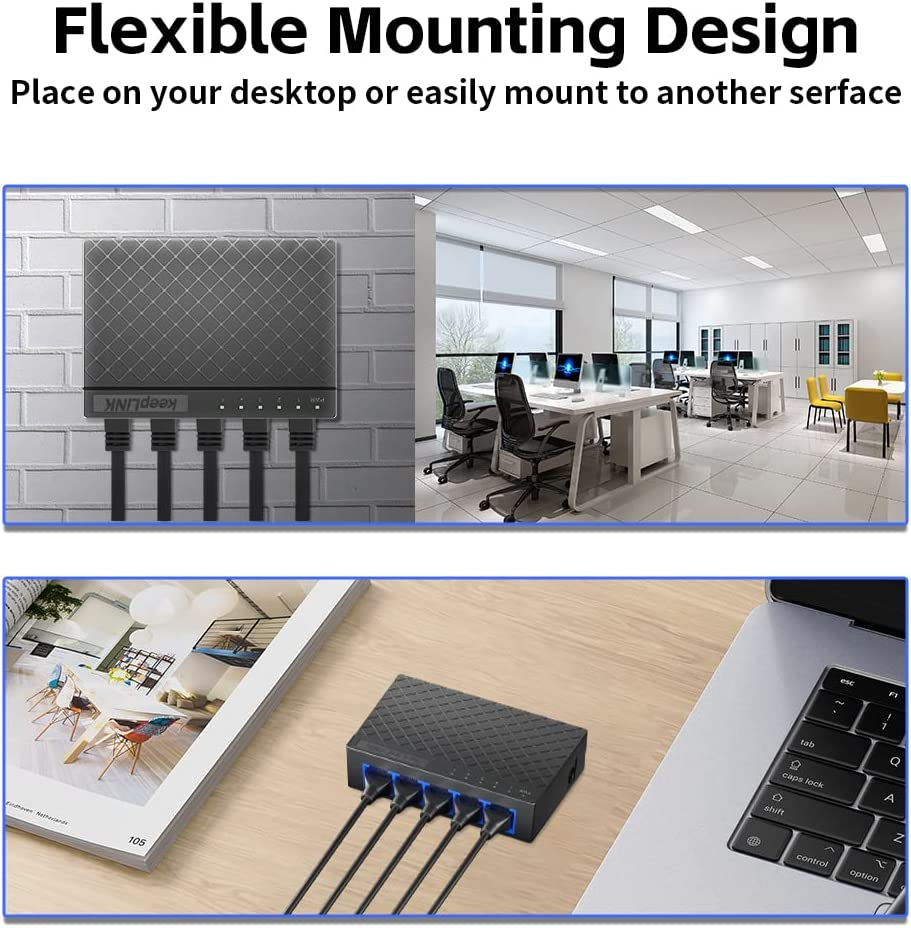 Keeplink 5 Port Gigabit Ethernet Switch, Unmanaged Desktop or Wall Mount Network Splitter, Plastic Case, Plug and Play with 2 Pcs 3.28Ft Cat6 Ethernet Cable image number 5