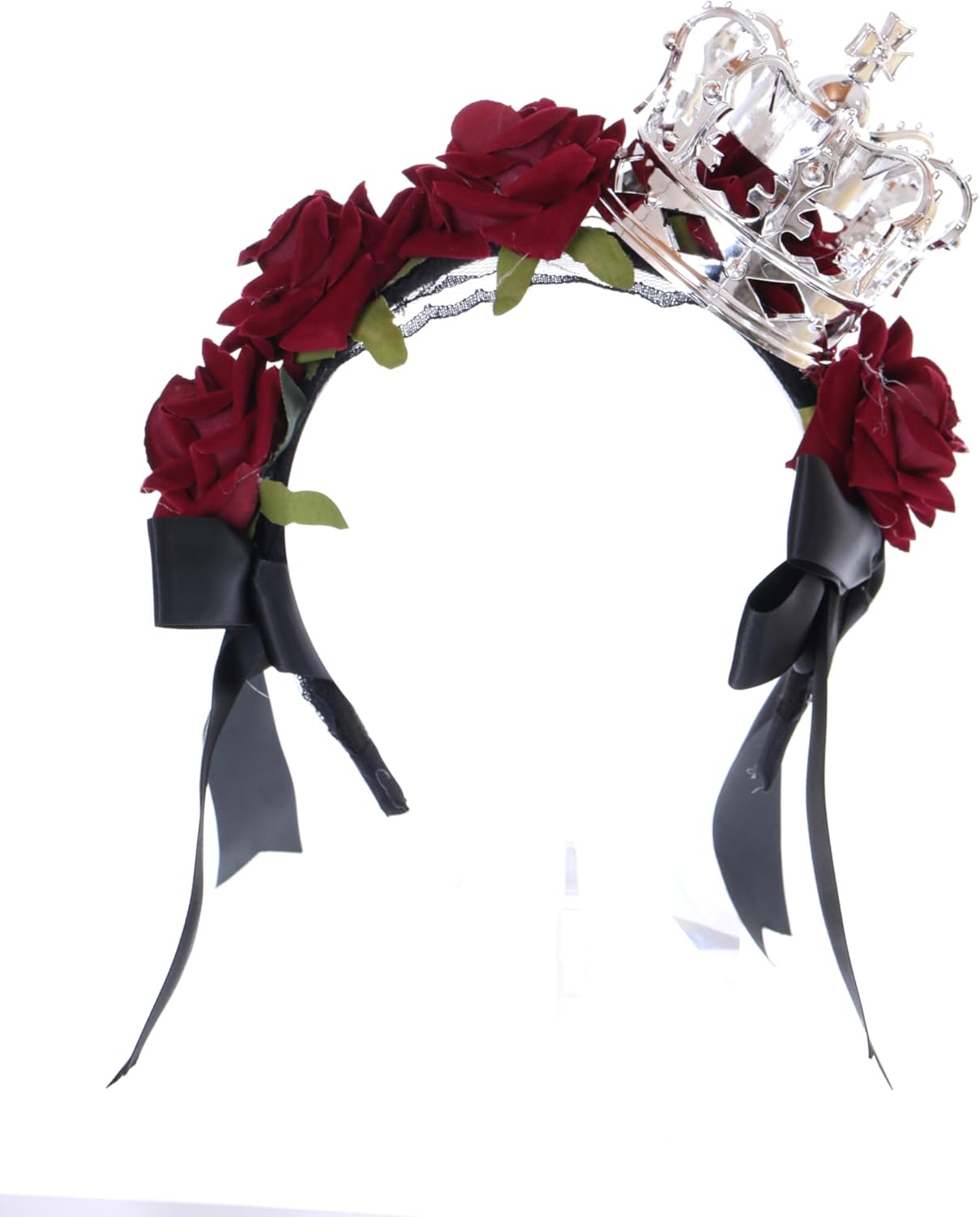 C-104-1 Silver Crown with Roses Red Lace Bow Ruffle Gothic Lolita Headband Party Celebration Hair Accessories Head Accessory image number 3