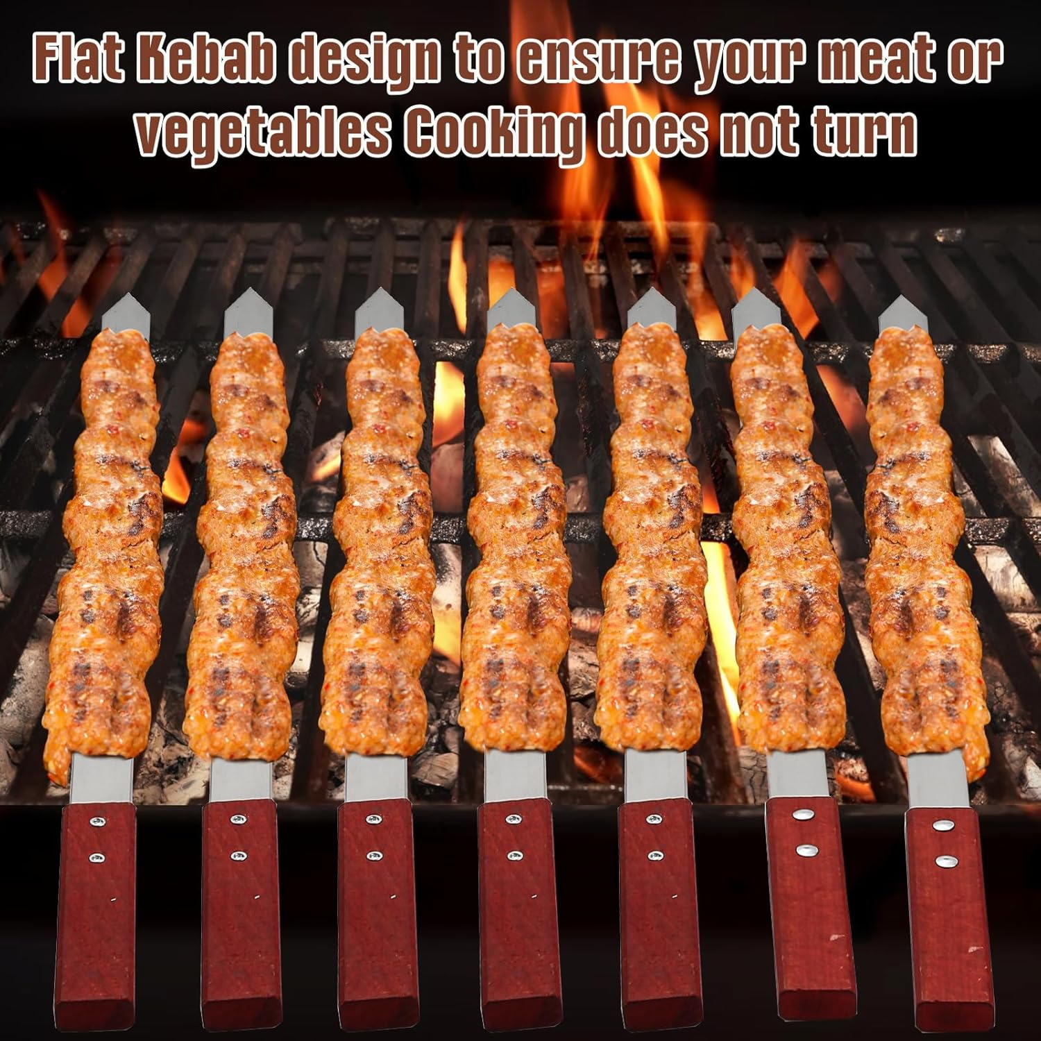 10 Pcs Heavy Duty Kabob Skewers 1 Inch Wide 2 Mm Thin Kabob BBQ Stainless Steel Metal Skewers for Grilling with Wooden Handles, Silver(60Cm Long) image number 3