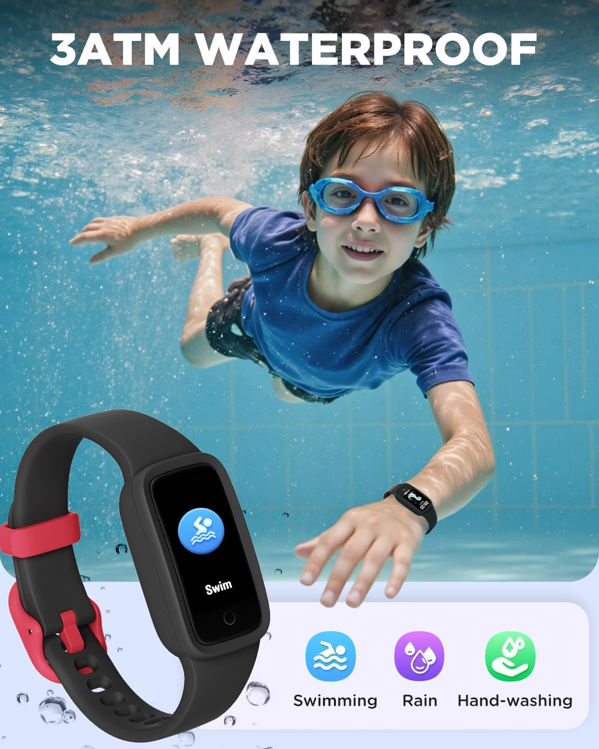 BIGGERFIVE Vigor 3 Kids Fitness Tracker Watch, AMOLED Screen, No App No Phone Needed, 3ATM Waterproof, Heart Rate and Sleep Monitor, Pedometer Watch, Sports Step Counter for Boys Girls Ages 5-15,Black - Blue image number 4