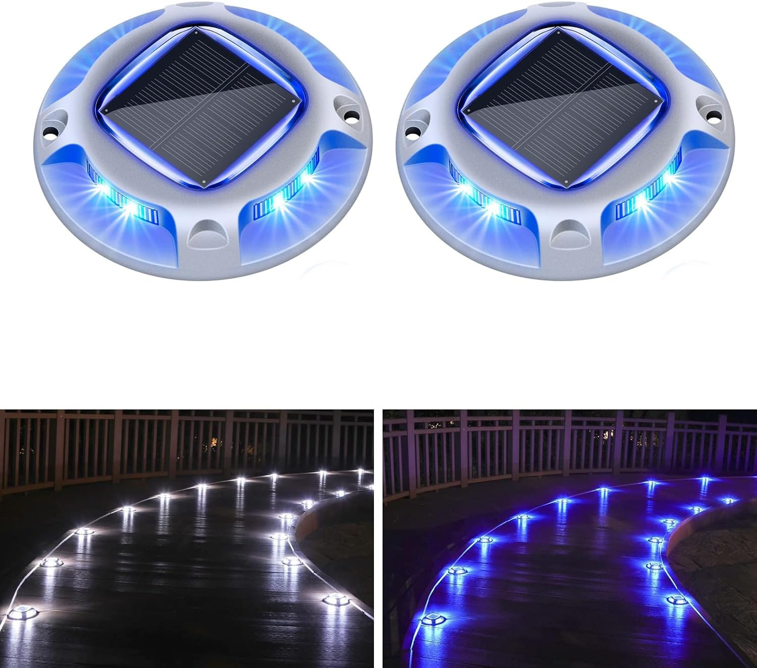 8 Pack Solar Deck Lights,2 Colors Wireless Driveway Safety Light,Ip68 Outdoor Waterproof Marine Dock Lights, for Sidewalk Walkway Pathway Dock Lawn Garden Decor(White and Blue)