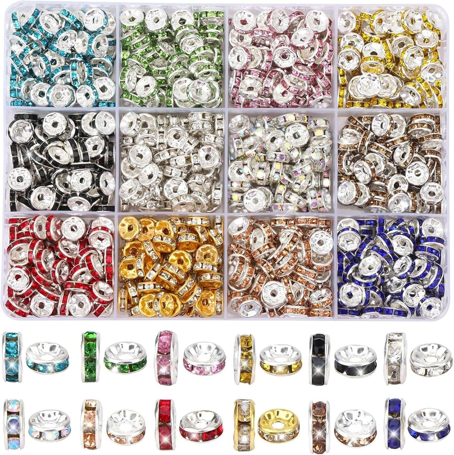 600Pcs Spacer Beads for Jewelry Making, 8Mm Rhinestone Spacer Beads Crystal Bead Spacers for Bracelets, for Bracelet Necklace Jewelry Making DIY （12 Colors） image number 1
