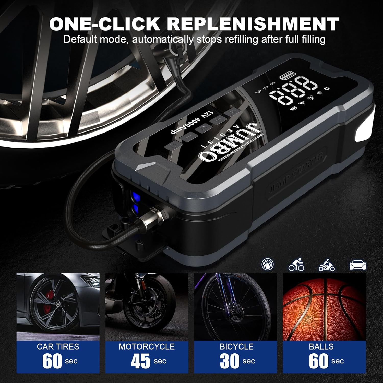 Jump Starter with Air Compressor 150Psi Built-In,12V Powerful 4000A, 24000Mah Slim Powerbank, for 10L Gas, 8L Diesel Engines, Portable Tire Inflator Emergency Kit with High Torch-Lights JUMBO ASSIST image number 2