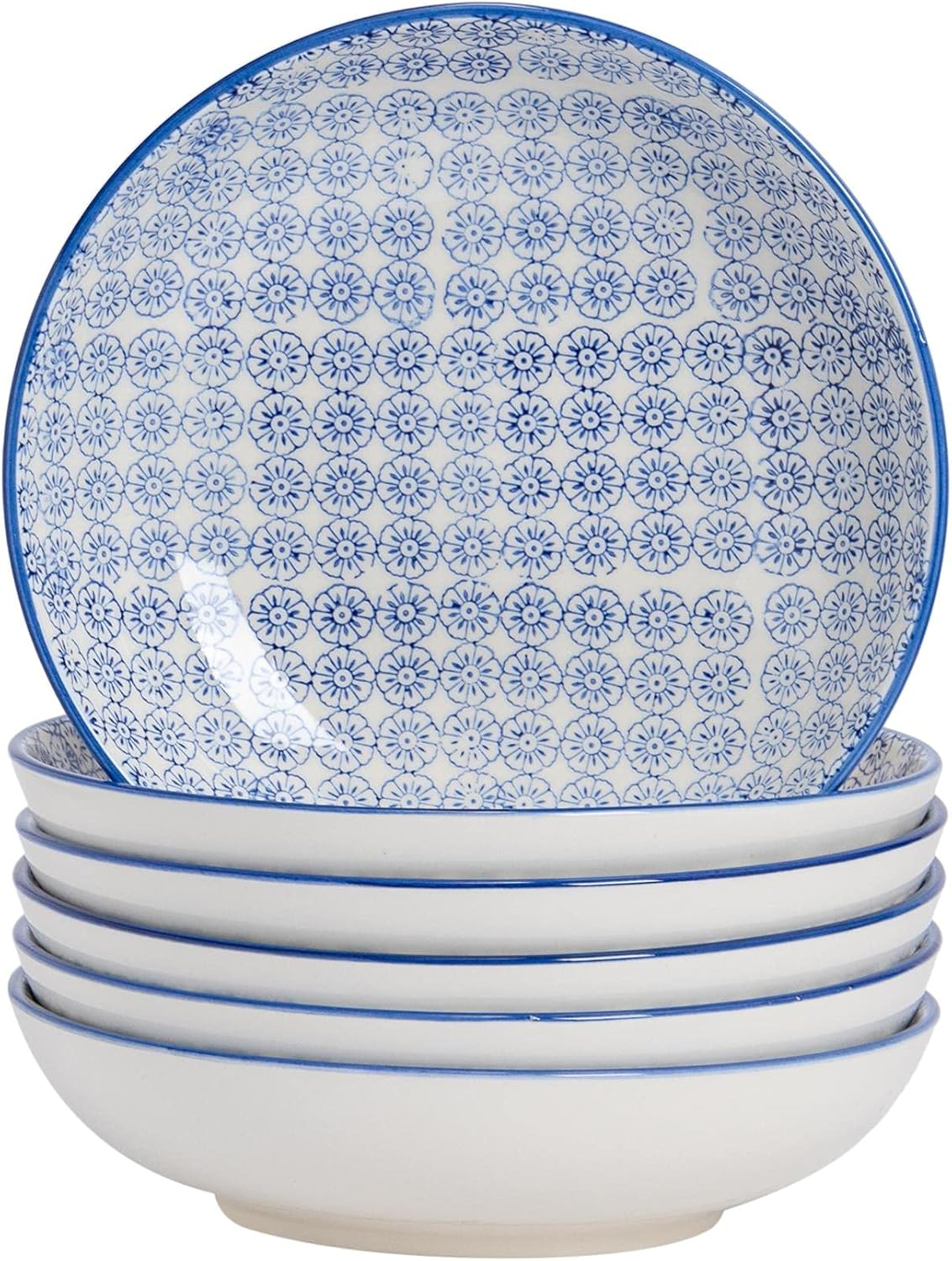 Nicola Spring Patterned Pasta Bowls - 3 Colours - Pack of 6 - Porcelain Flower Print Design Rice Serving Bowls for Cereal, Fruit, Dessert, Salad, Noodles, Snacks