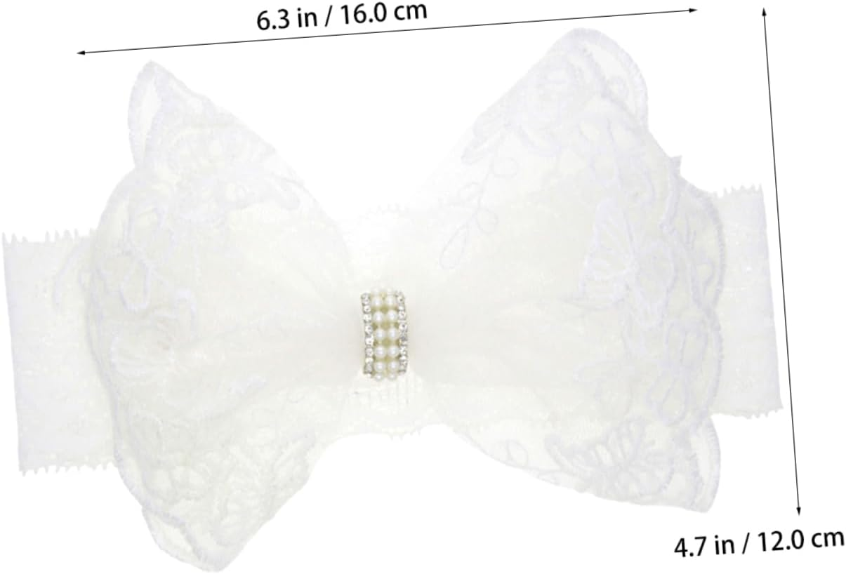 Baby Lace Headband and Bow for Newborn Girls, White Pearl Hair Bow Infant Hair Accessories, Soft Adjustable Headband Suitable for Babies and Toddlers