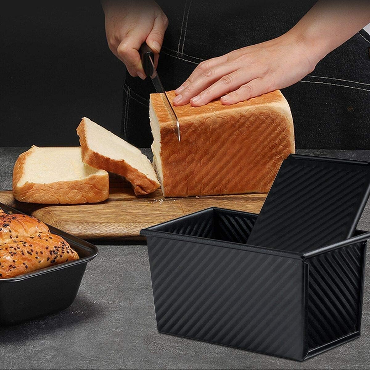 Pullman Loaf Pan with Lid, 1 Lb Non-Stick Toast Box with Cover, Carbon Steel Corrugated Bread Pan for Oven Baking, Black (8.3X4.3)