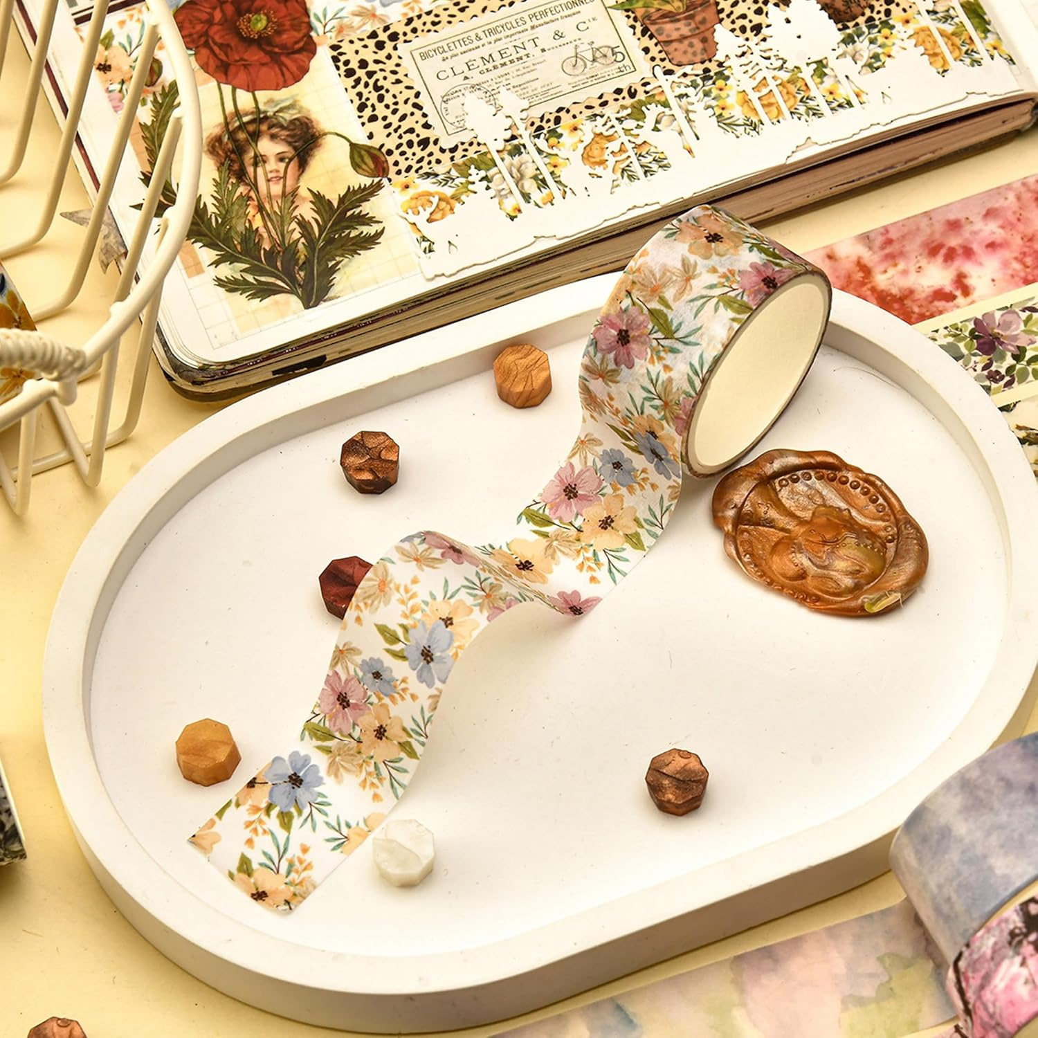 8 Rolls Retro Washi Tape Set Vintage Arts Adhesive Tapes Wide Painting Patterned Decorative Masking Tape Sets for Craft, Kids, Scrapbook, DIY, Gift Wrapping (Flowers & Plants) - Mottled Oil Paint image number 3